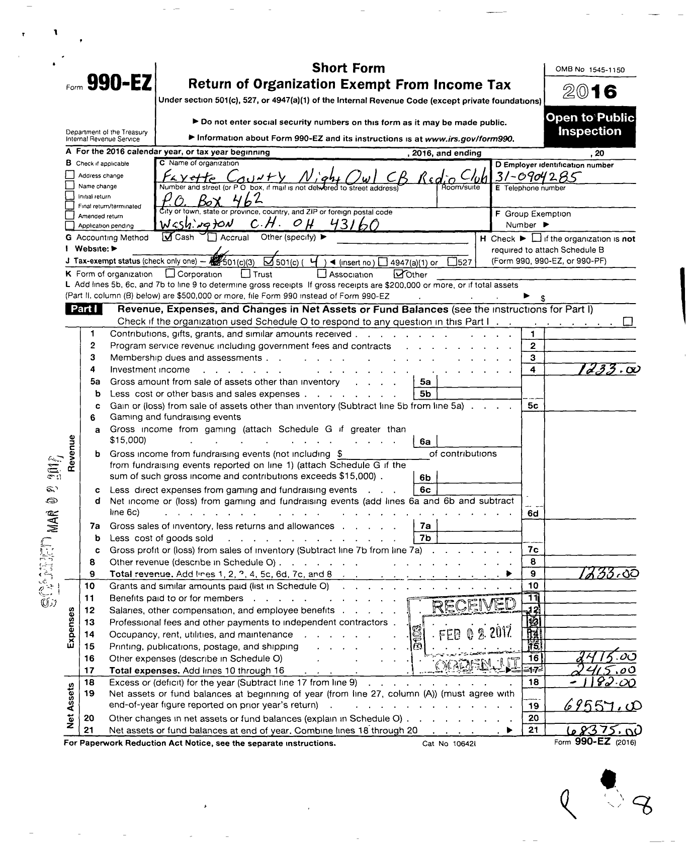 Image of first page of 2016 Form 990EO for Fayette County Night Owls Citizen Band Radio Club