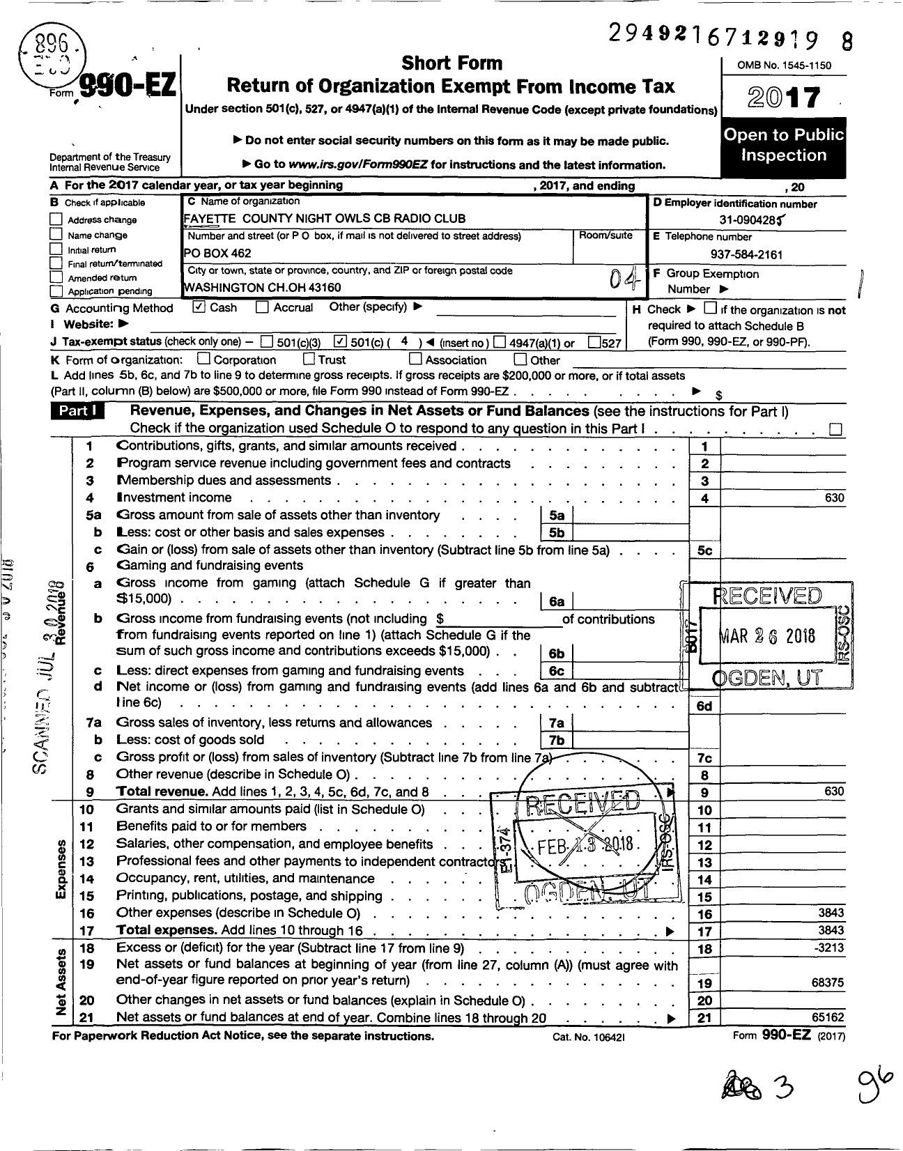 Image of first page of 2017 Form 990EO for Fayette County Night Owls Citizen Band Radio Club