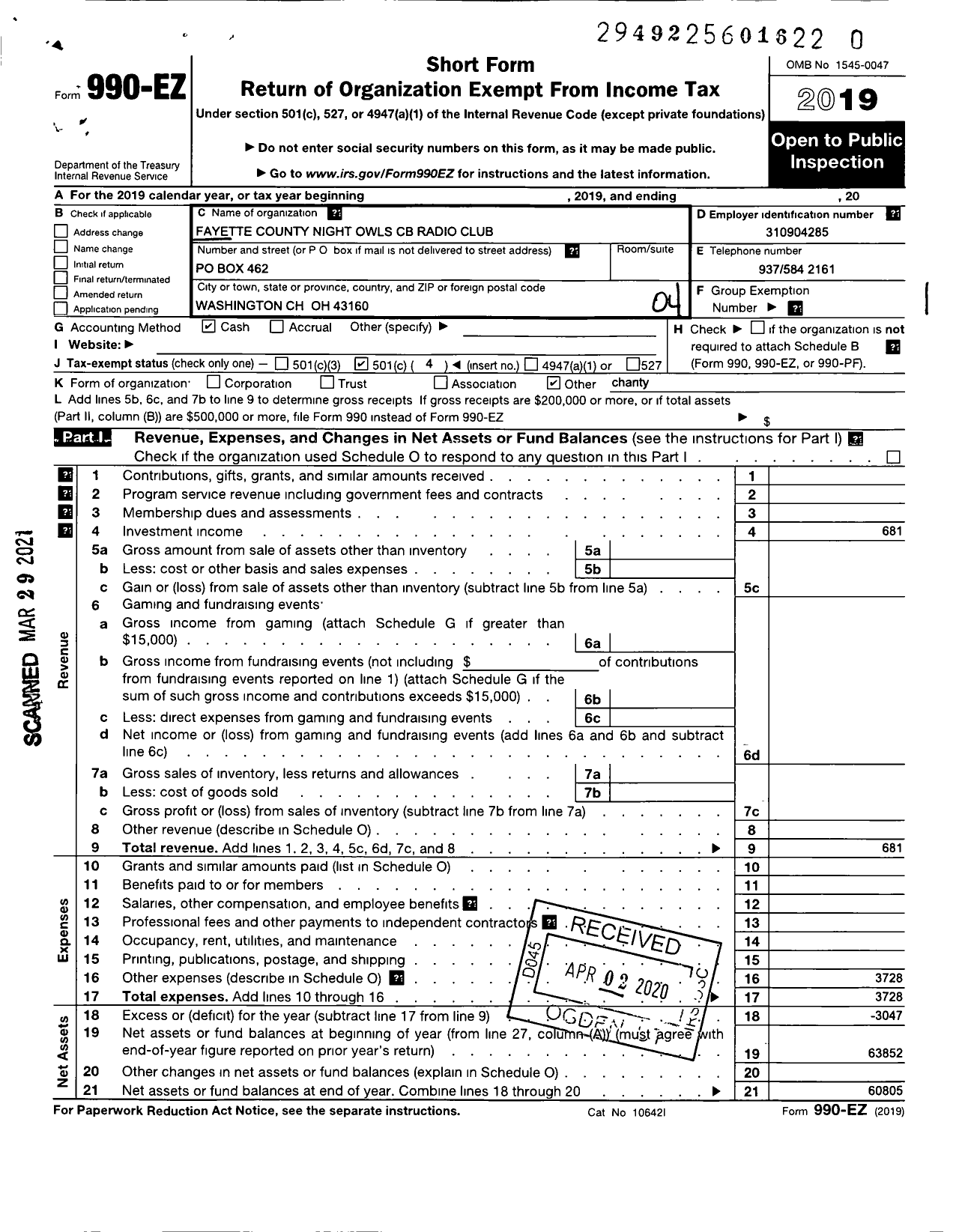 Image of first page of 2019 Form 990EO for Fayette County Night Owls Citizen Band Radio Club