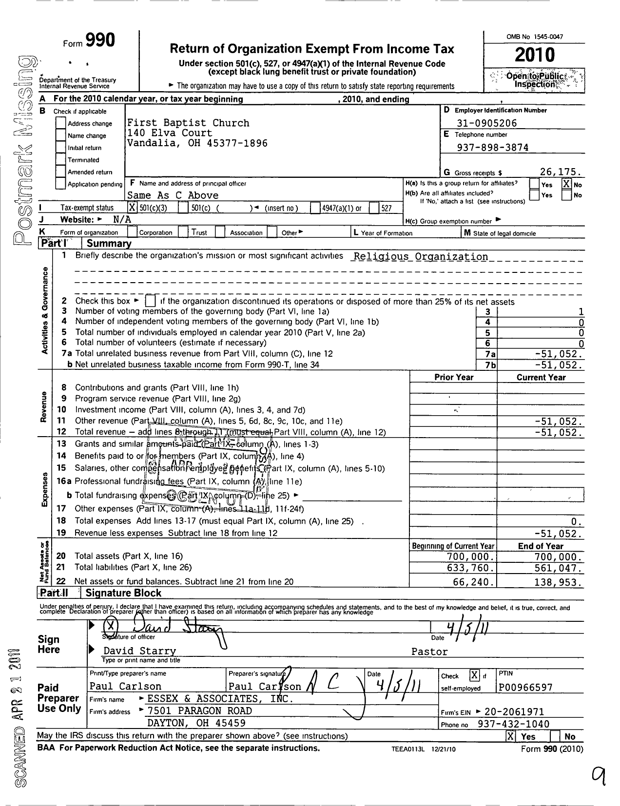 Image of first page of 2010 Form 990 for First Baptist Church Vandalia - 0243006 Greater Dayton Association of Bap