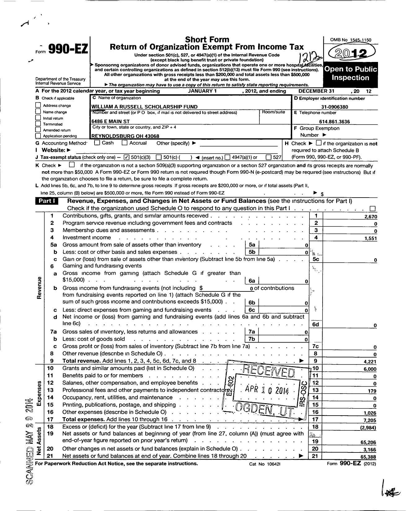 Image of first page of 2012 Form 990EZ for William A Russell Scholarship Fund