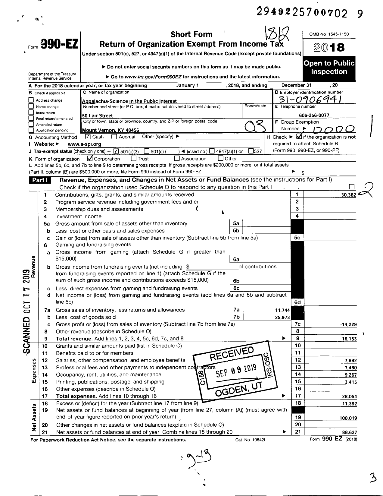 Image of first page of 2018 Form 990EZ for Appalachia-Science in the Public Int