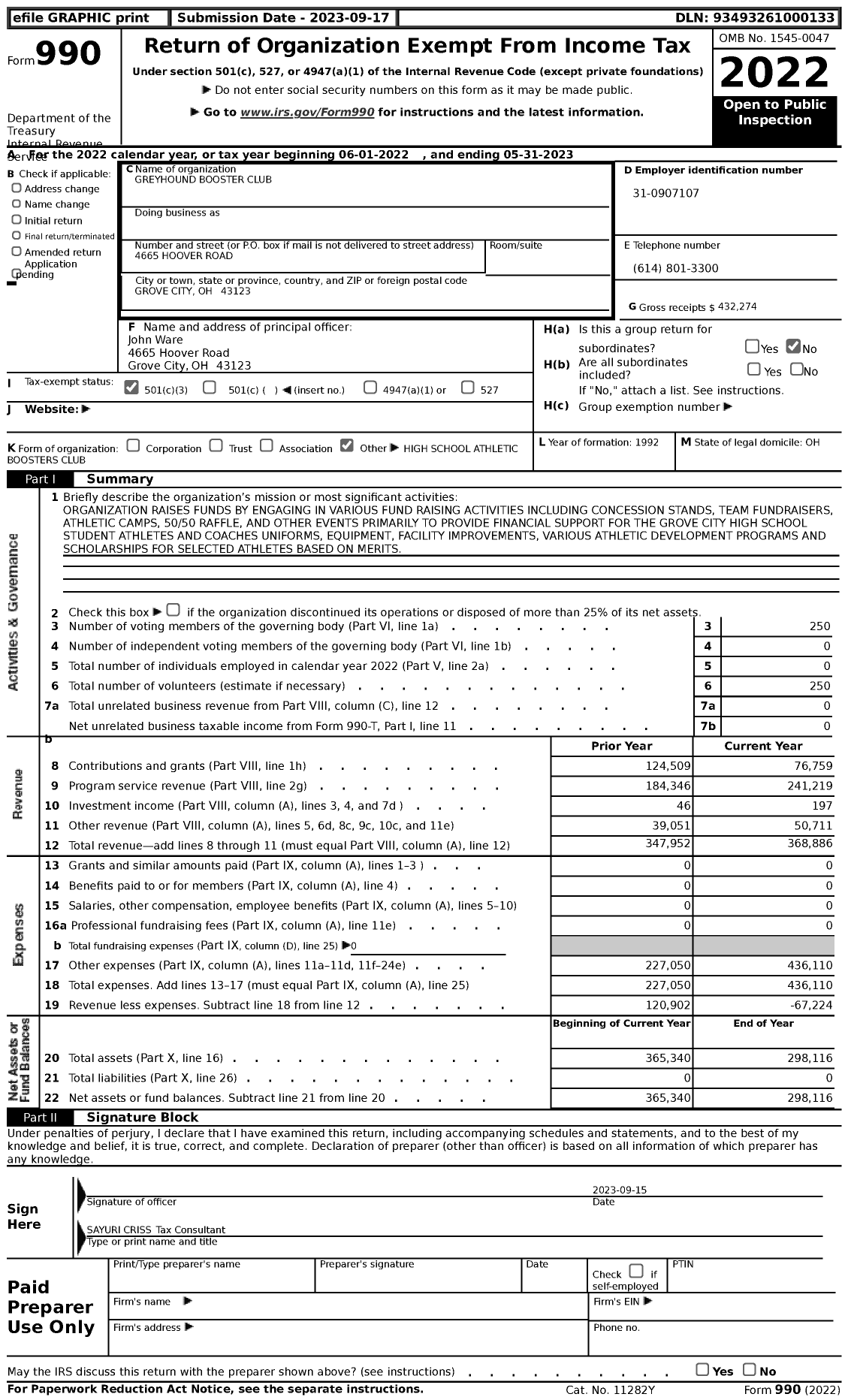 Image of first page of 2022 Form 990 for Greyhound Booster Club