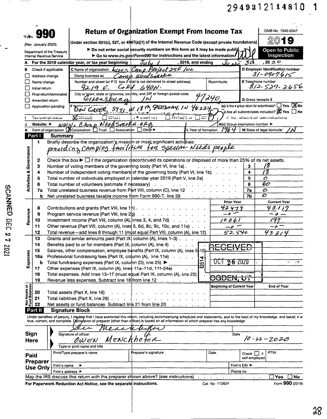 Image of first page of 2019 Form 990 for LIONS CAMP PROJECT DISTRICT 25-F CAMP Woodsmoke