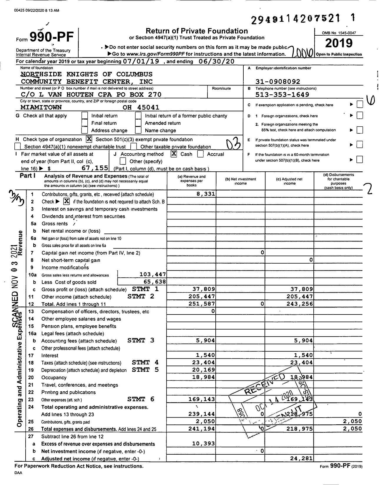 Image of first page of 2019 Form 990PF for Northside Knights of Columbus Community Benefit Center