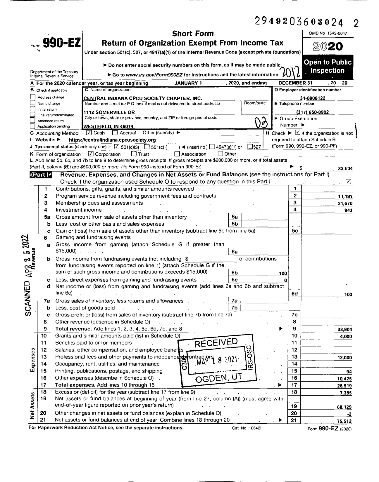 Image of first page of 2020 Form 990EZ for CENTrAL Indiana CHAPTER of the SOCIETY of CPCU