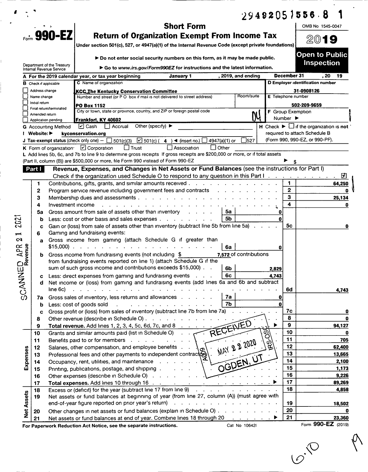 Image of first page of 2019 Form 990EO for Kcc-The Kentucky Conservation Committee