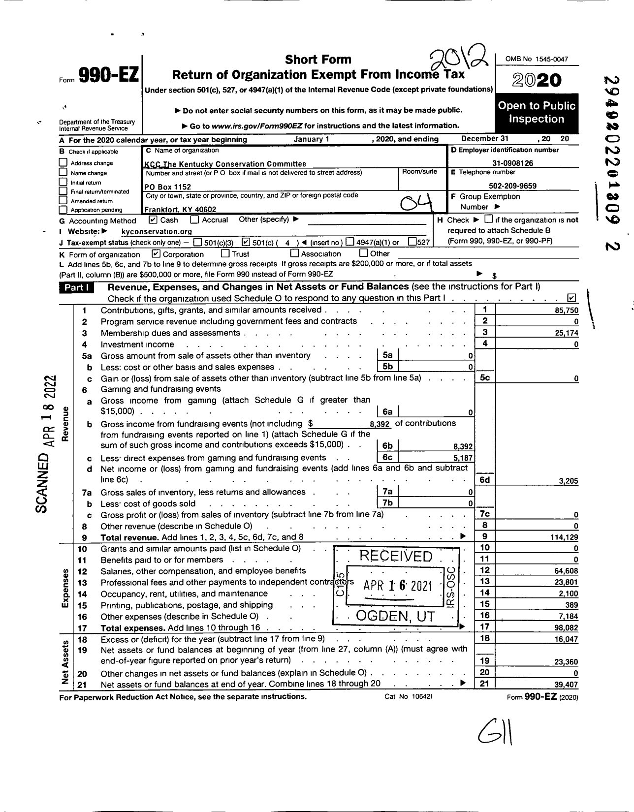 Image of first page of 2020 Form 990EO for Kcc-The Kentucky Conservation Committee