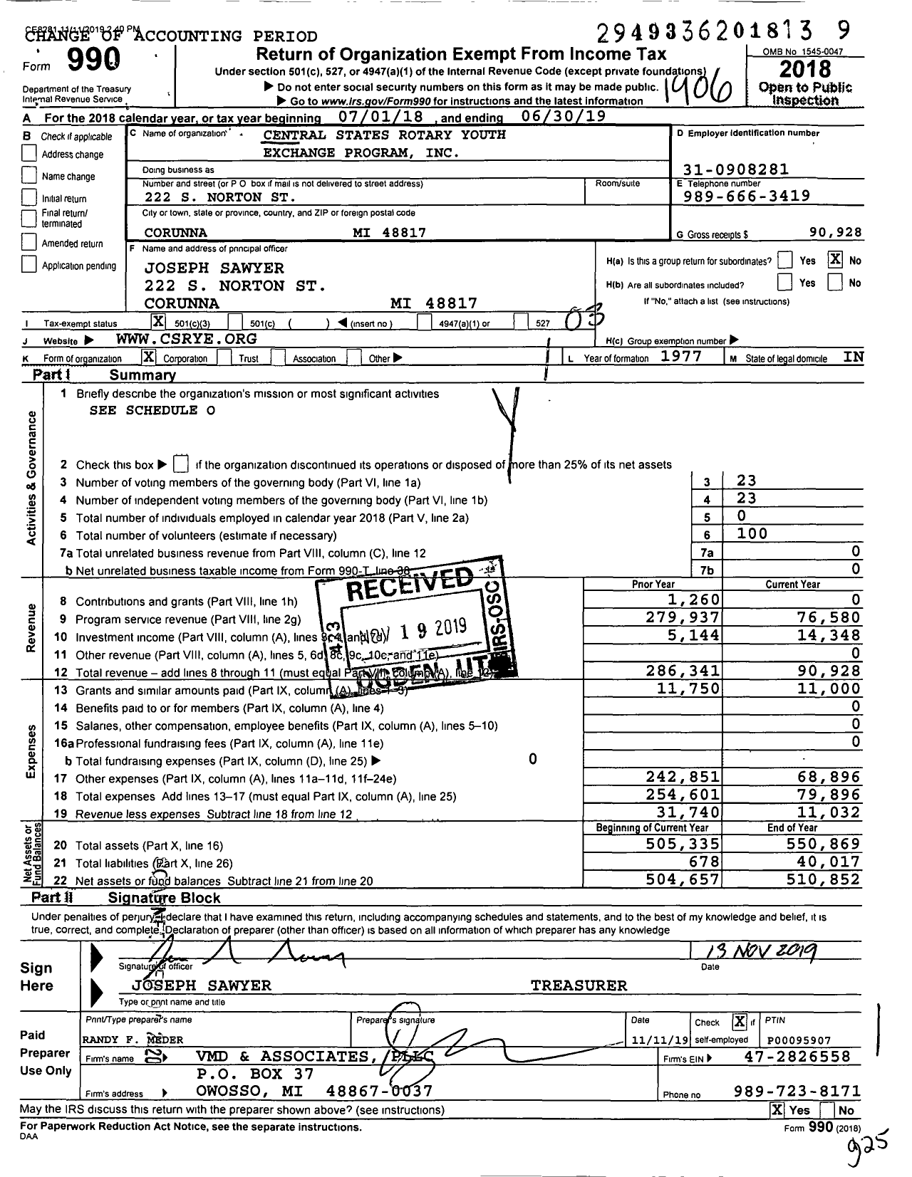 Image of first page of 2018 Form 990 for Central States Rotary Youth Exchange Program