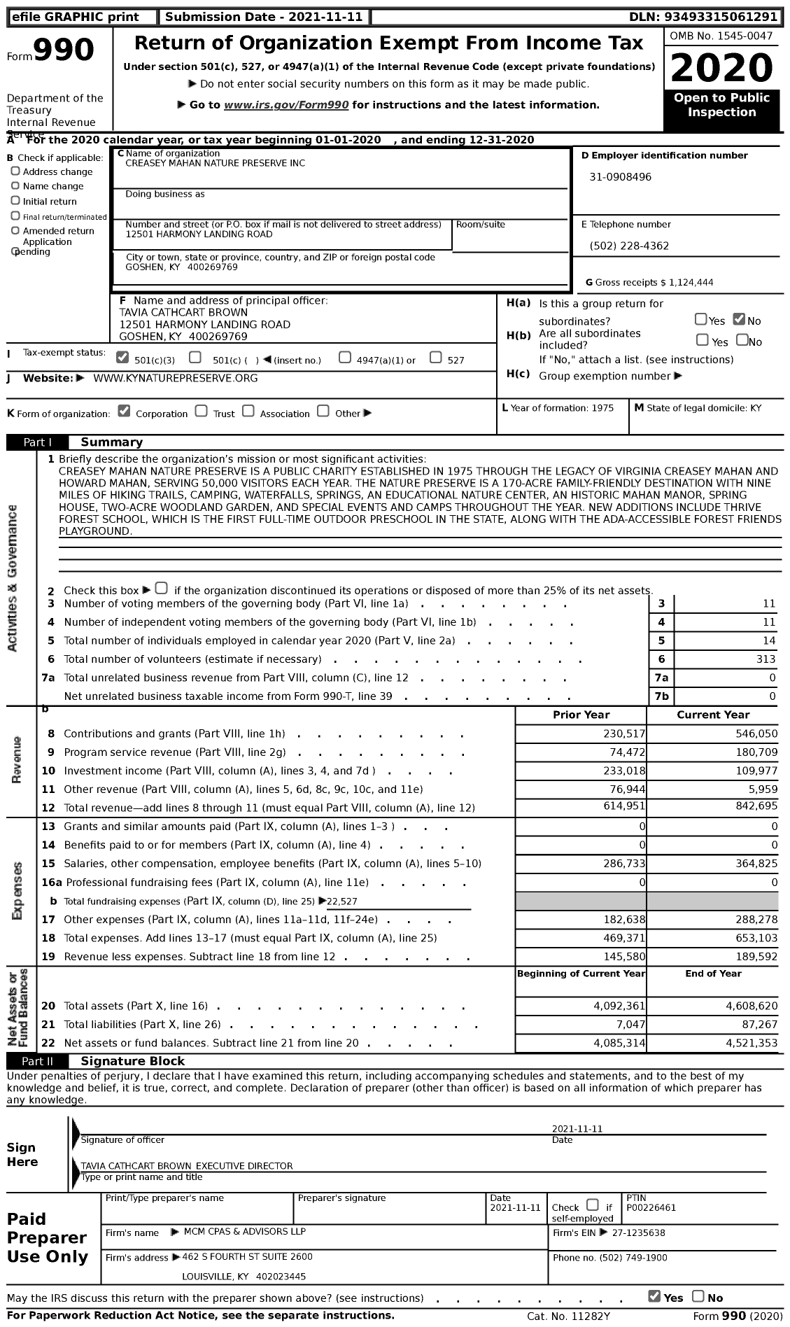 Image of first page of 2020 Form 990 for Creasey Mahan Nature Preserve