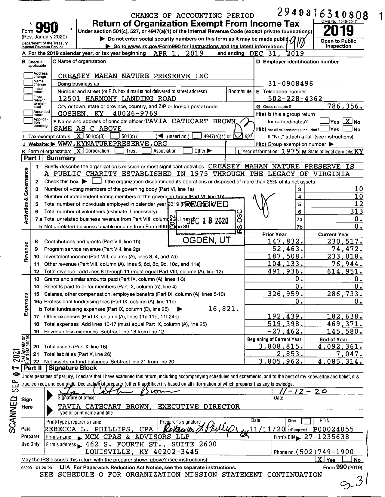 Image of first page of 2019 Form 990 for Creasey Mahan Nature Preserve