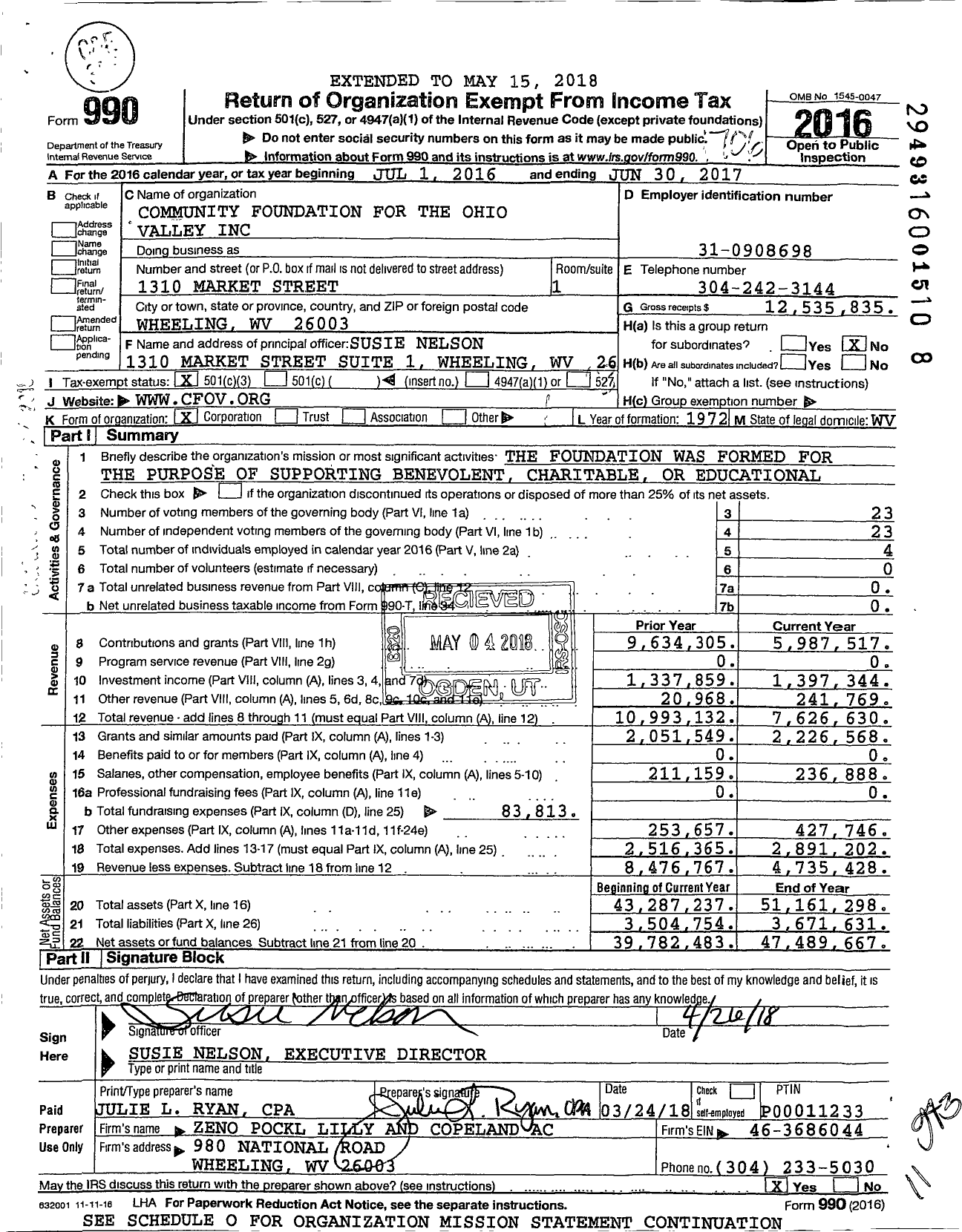 Image of first page of 2016 Form 990 for Community Foundation for the Ohio Valley (CFOV)
