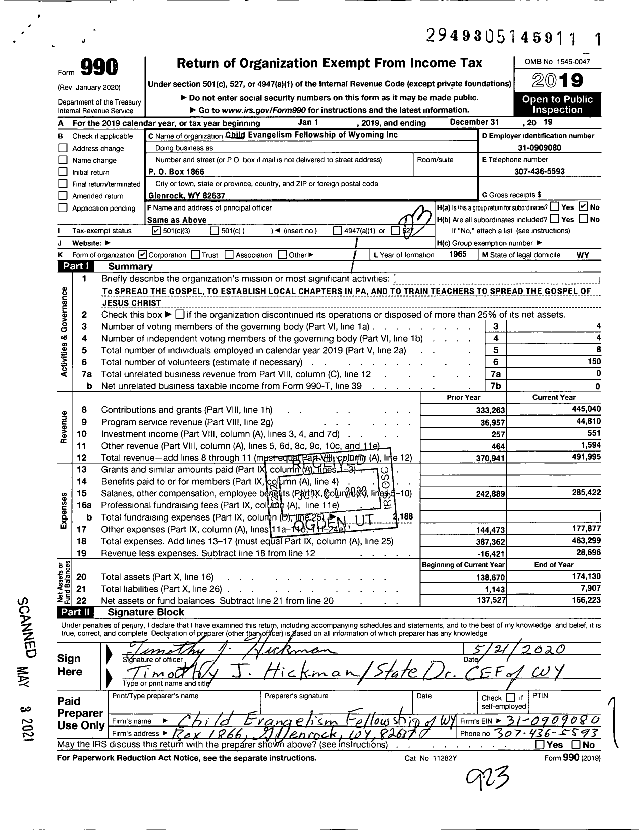 Image of first page of 2019 Form 990 for Child Evangelism Fellowship - Wyoming Chapter