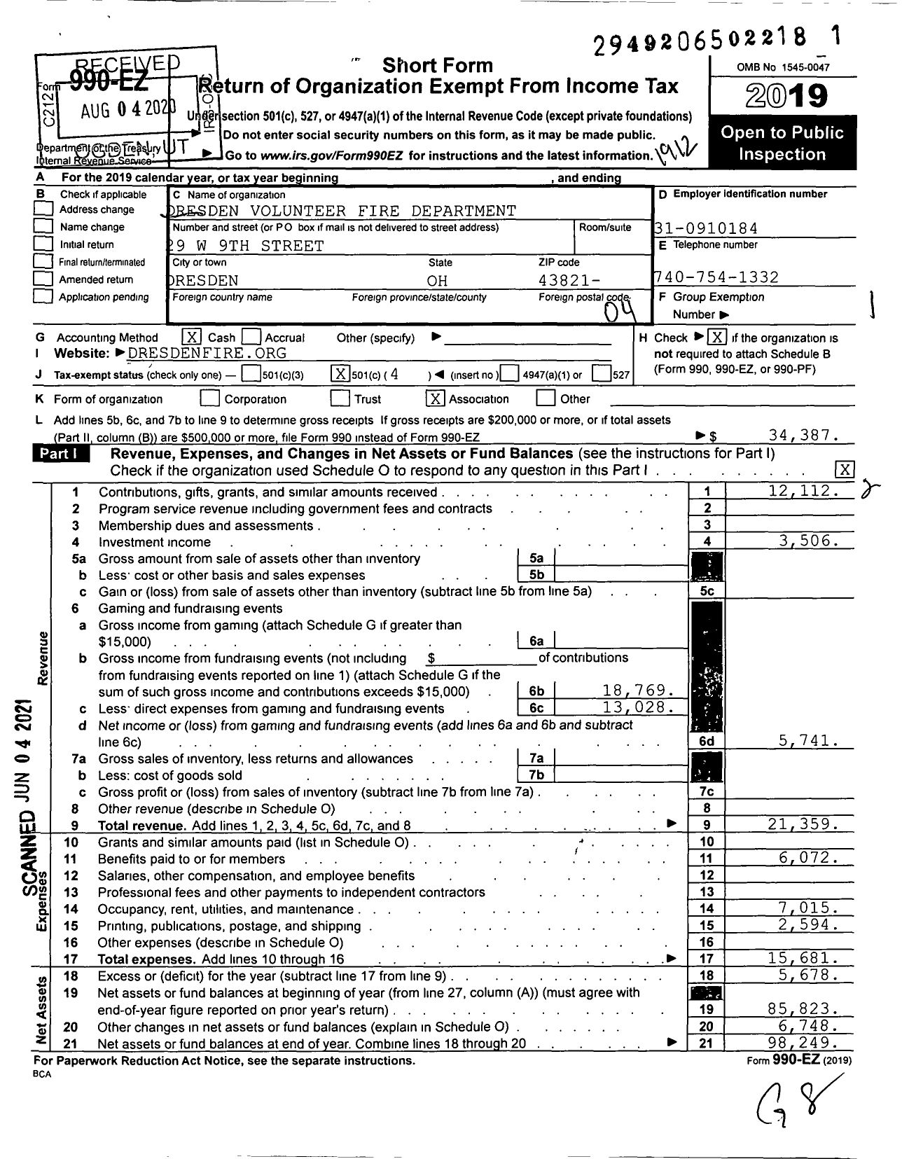 Image of first page of 2019 Form 990EO for Dresden Volunteer Fire Department