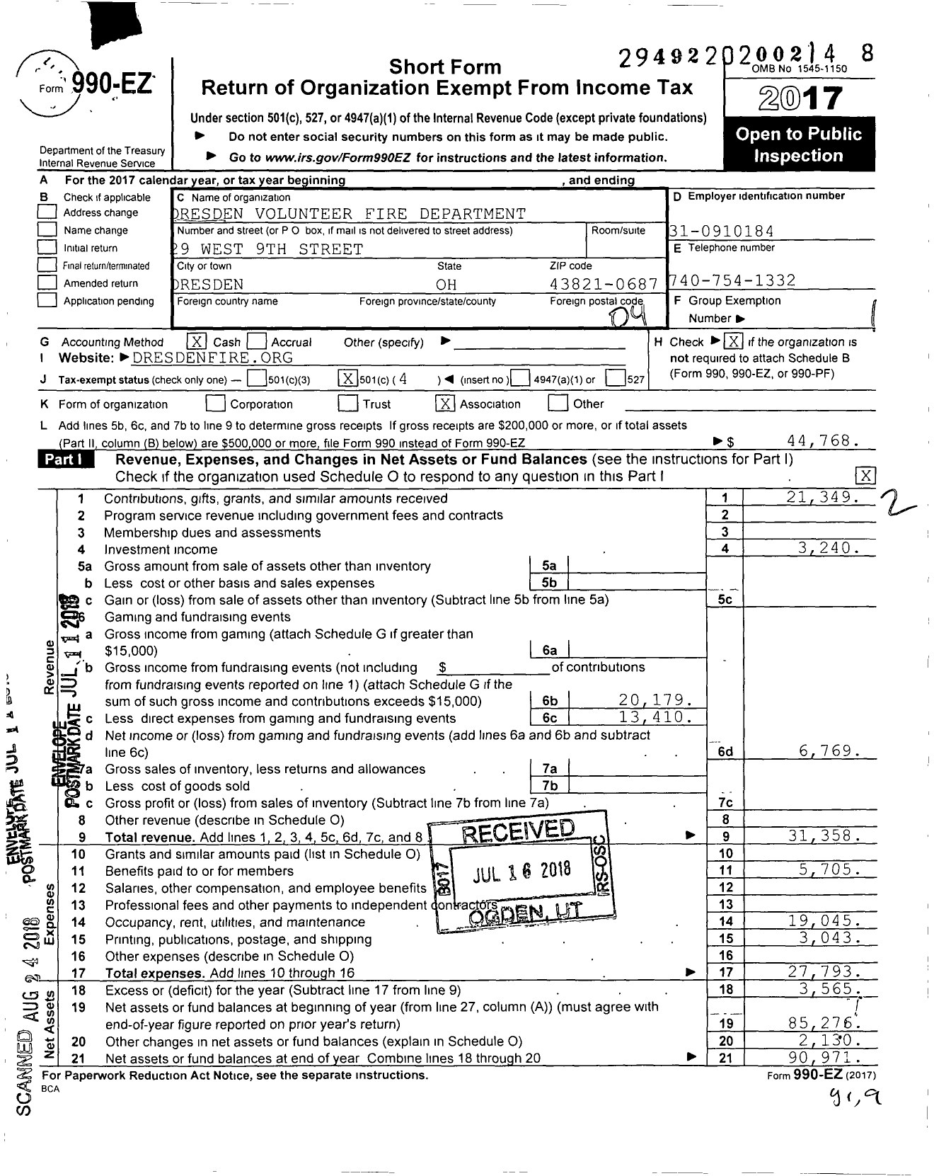 Image of first page of 2017 Form 990EO for Dresden Volunteer Fire Department