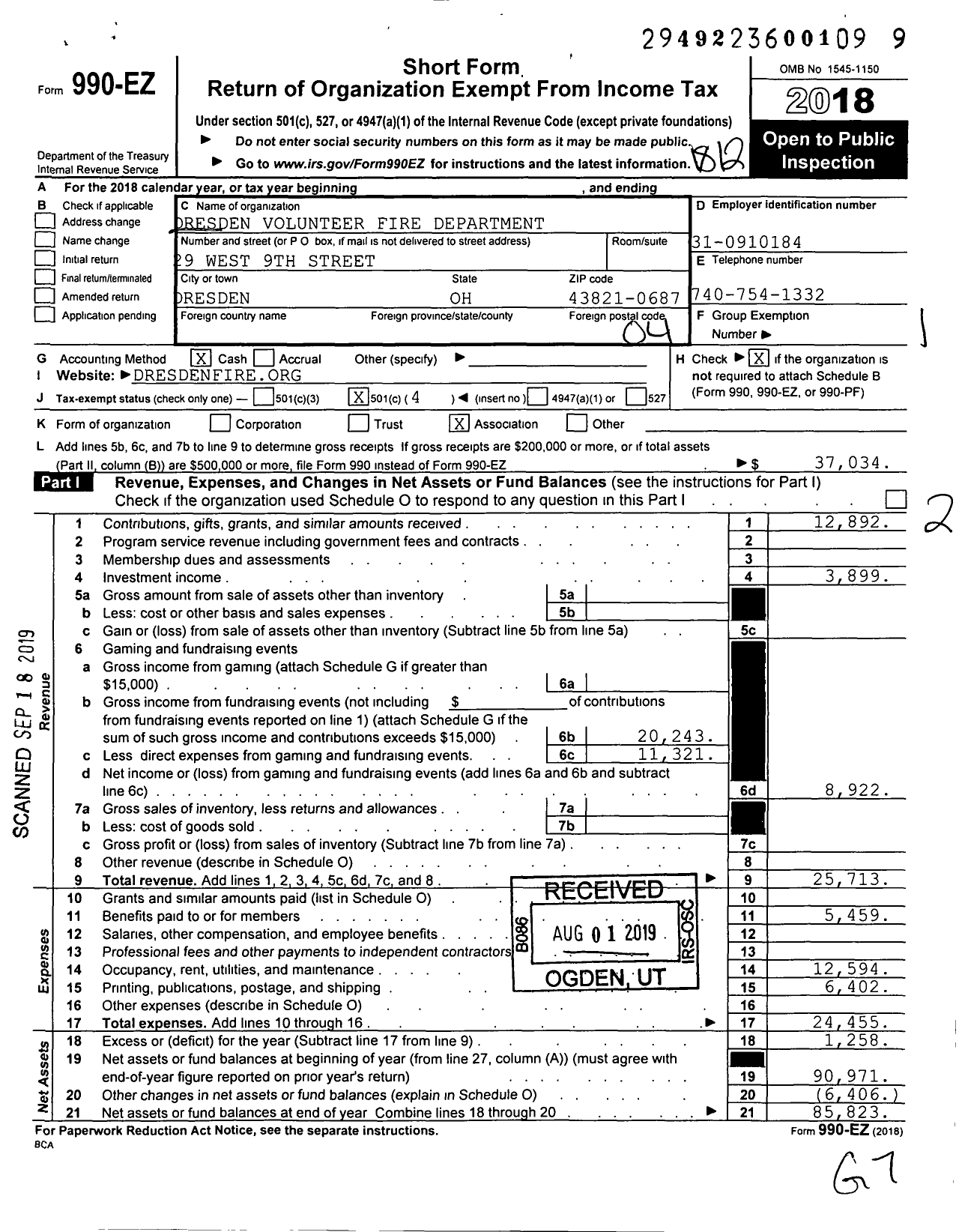 Image of first page of 2018 Form 990EO for Dresden Volunteer Fire Department