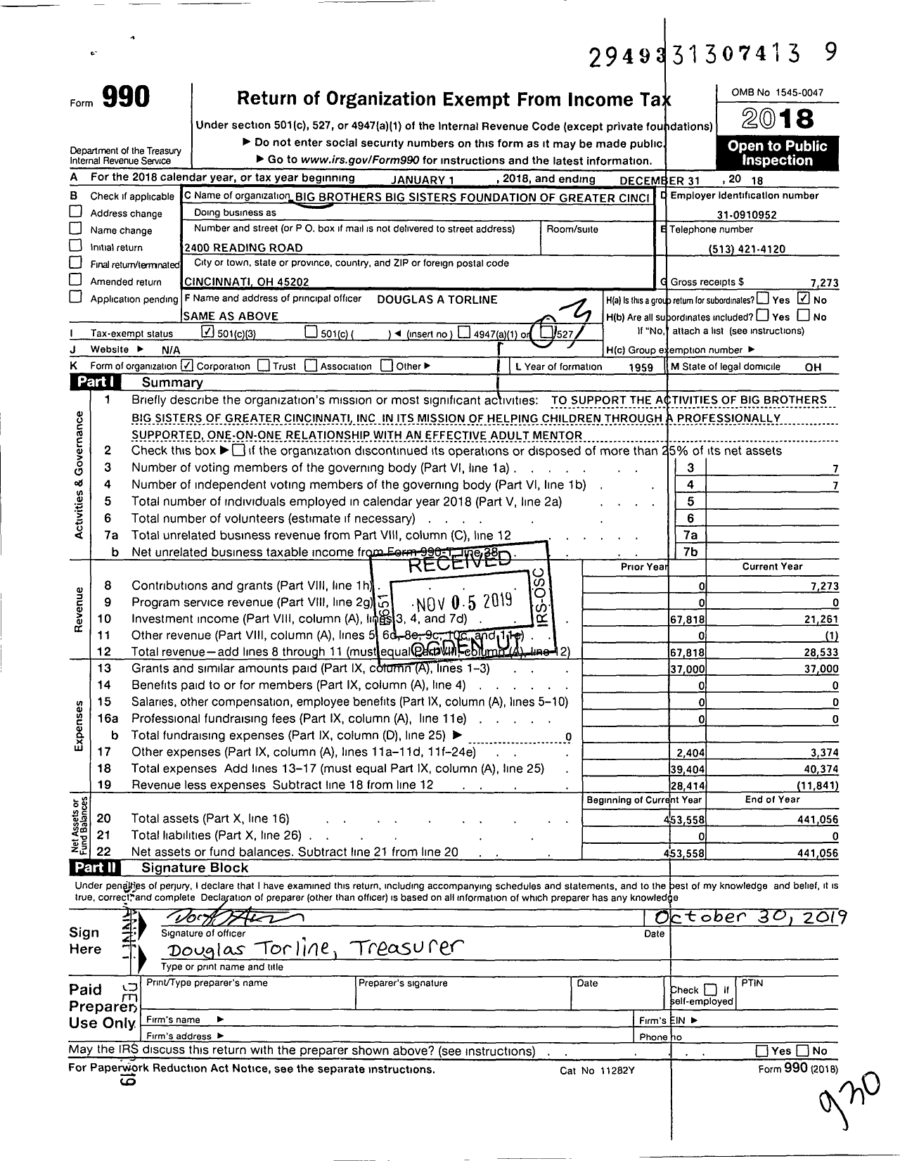 Image of first page of 2018 Form 990 for Big Brothers Big Sisters Foundation of Greater Cincinnati