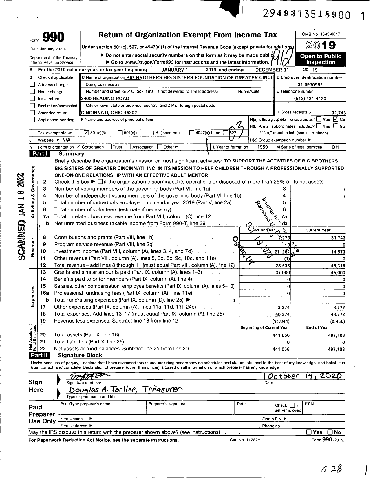 Image of first page of 2019 Form 990 for Big Brothers Big Sisters Foundation of Greater Cincinnati