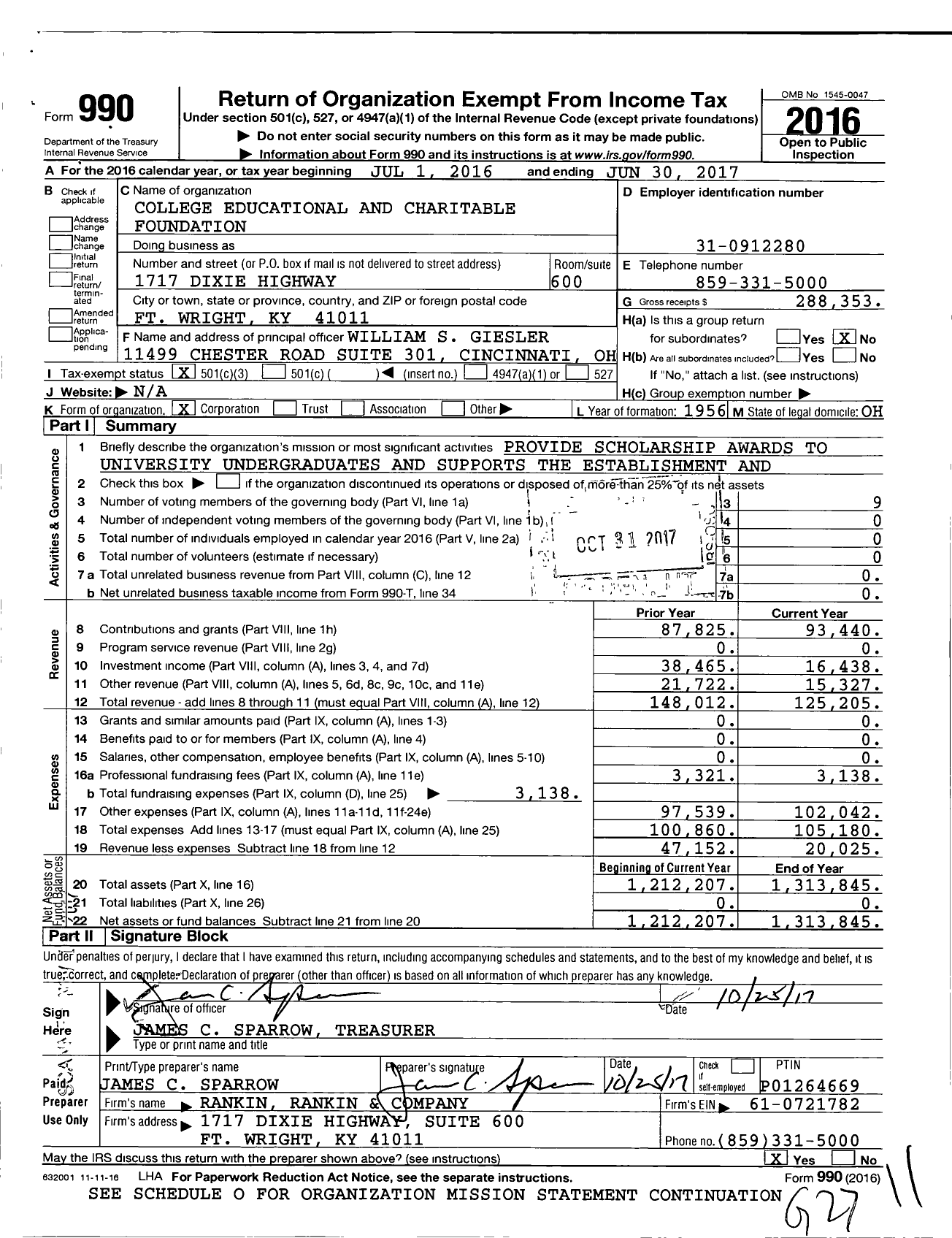 Image of first page of 2016 Form 990 for College Educational and Charitable Foundation