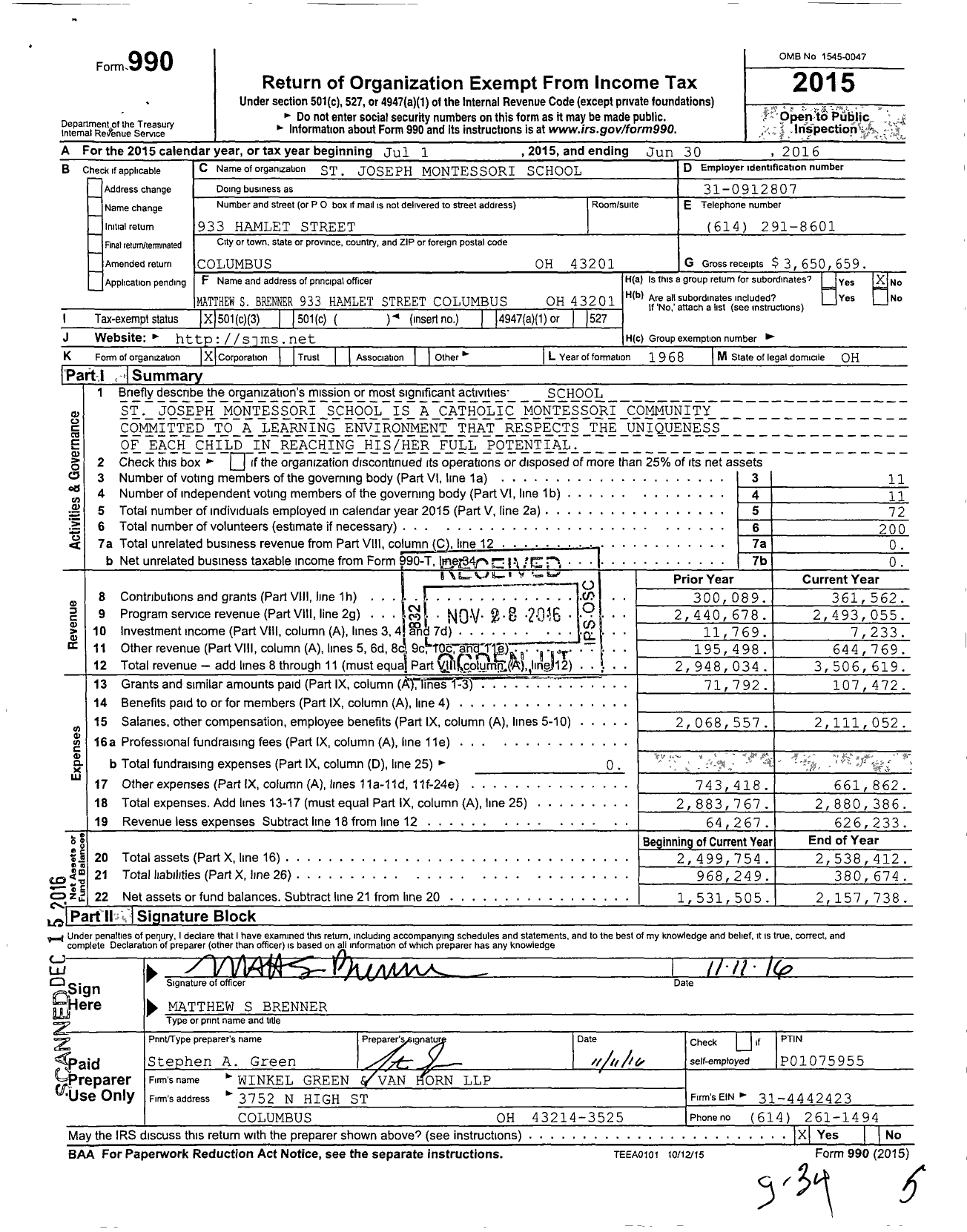 Image of first page of 2015 Form 990 for St Joseph Montessori School (SJMS)