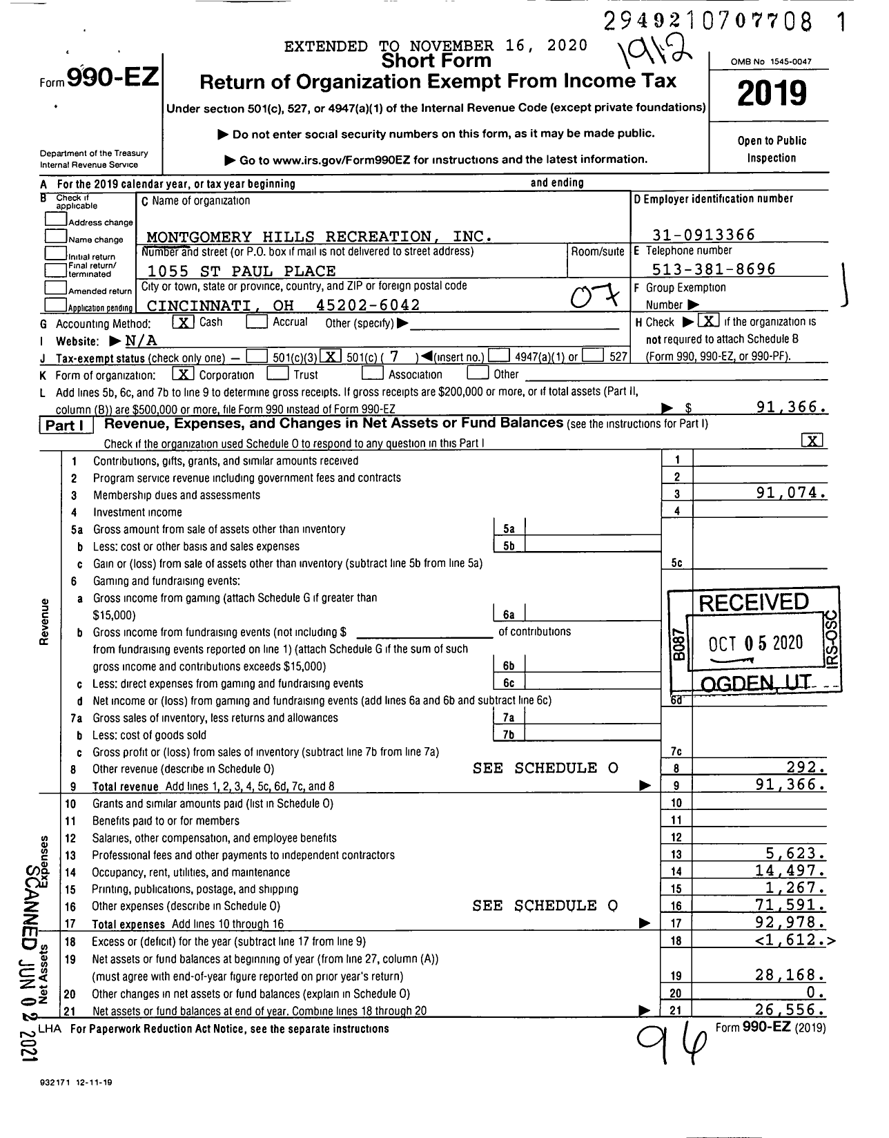 Image of first page of 2019 Form 990EO for Montgomery Hills Recreation