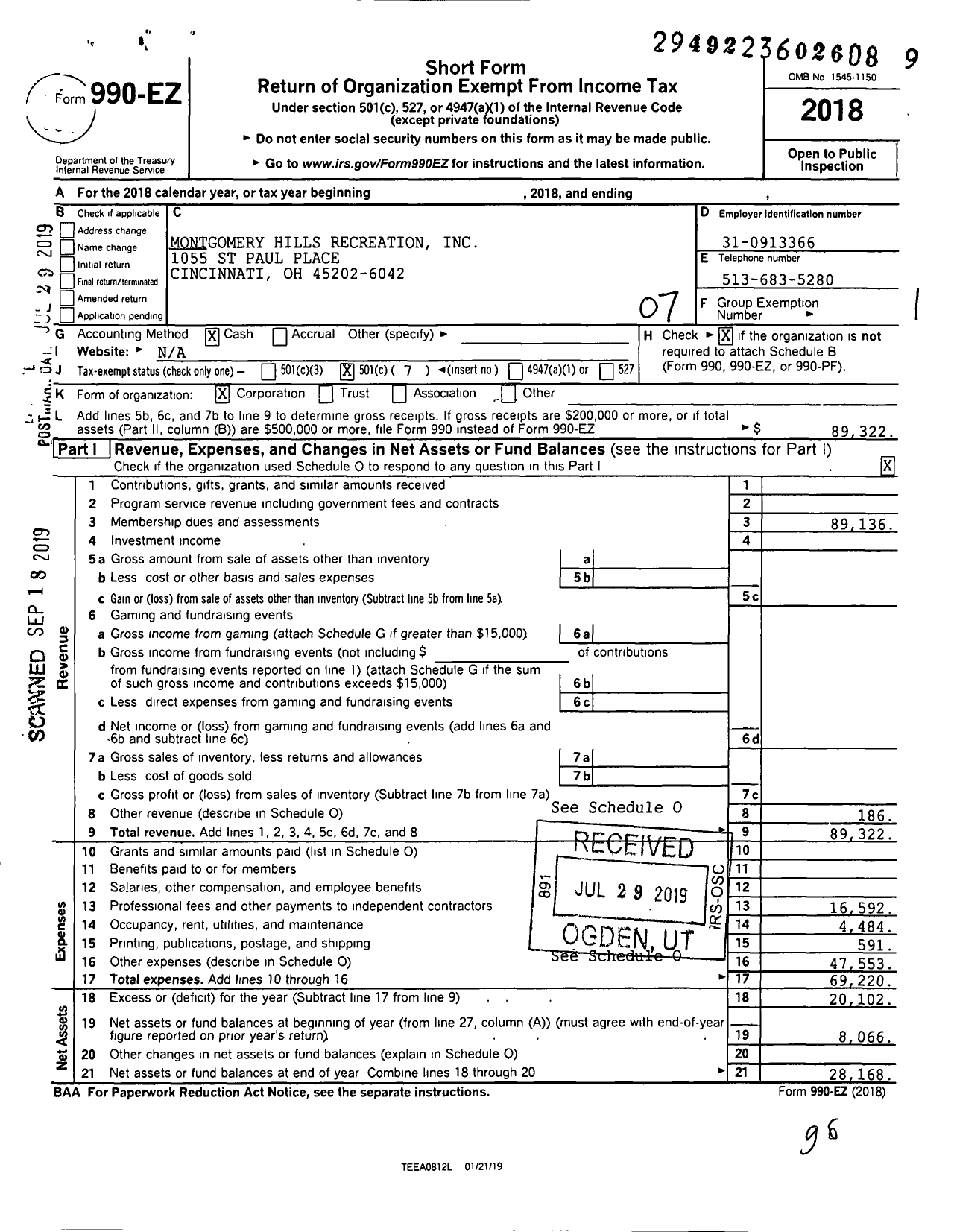 Image of first page of 2018 Form 990EO for Montgomery Hills Recreation