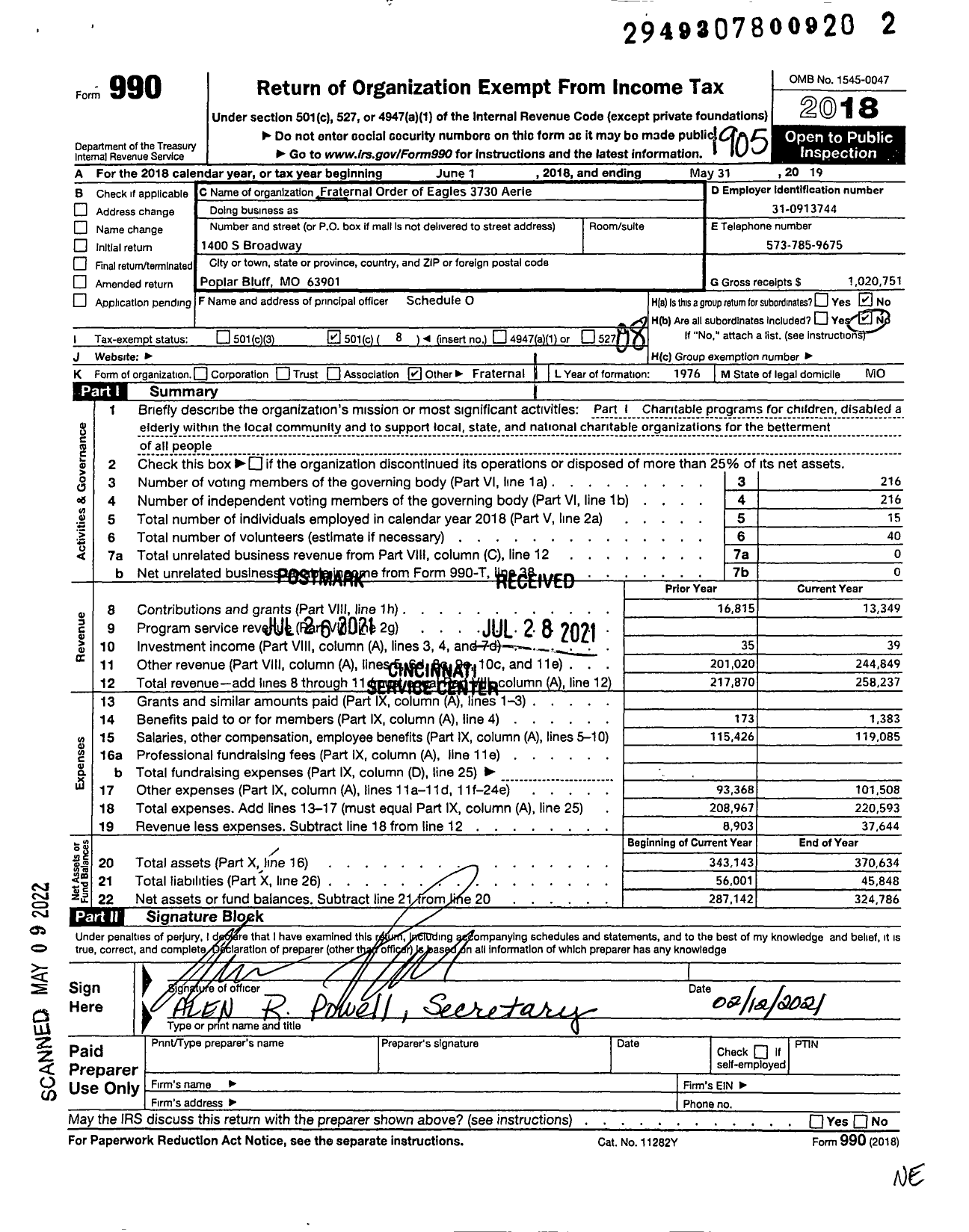 Image of first page of 2018 Form 990O for Fraternal Order of the Eagles 3730 Aerie