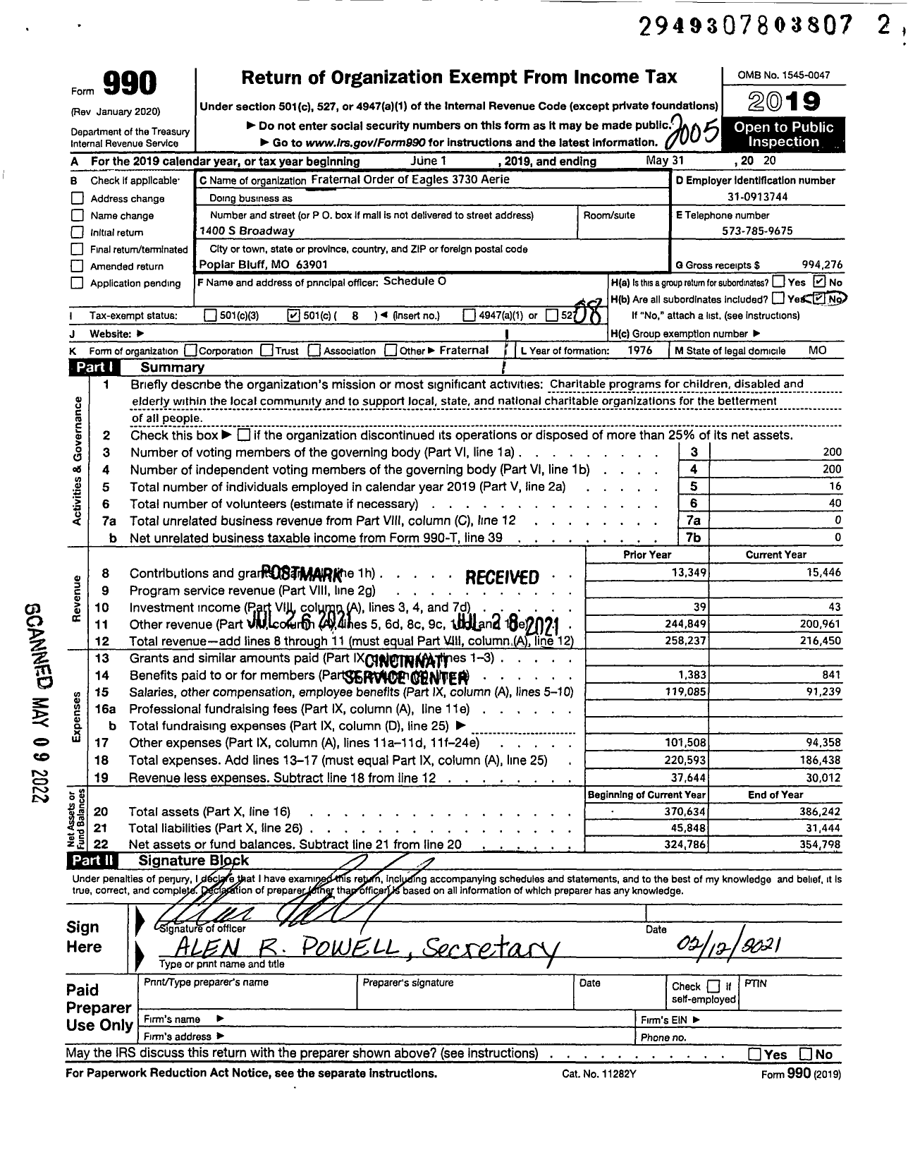 Image of first page of 2019 Form 990O for Fraternal Order of the Eagles 3730 Aerie