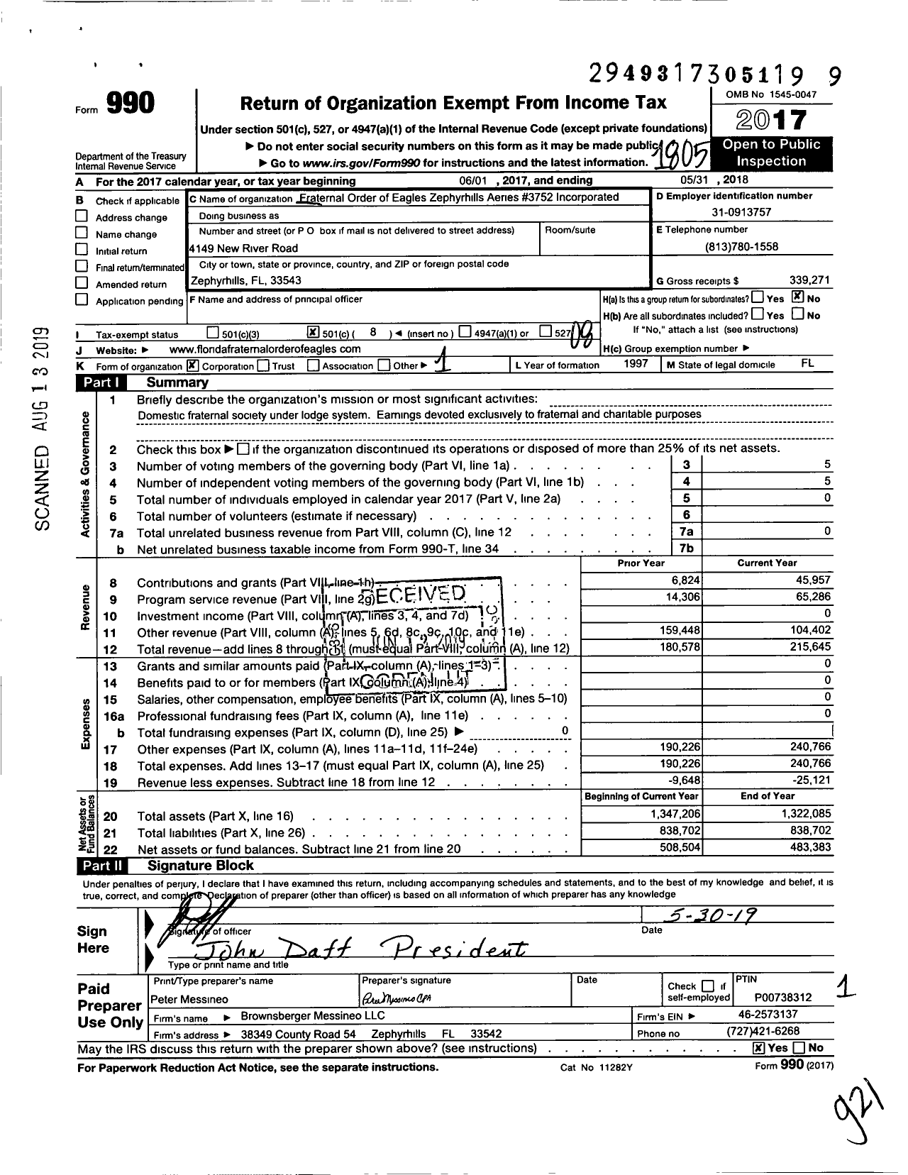 Image of first page of 2017 Form 990O for Fraternal Order of Eagles - 3752 Aerie