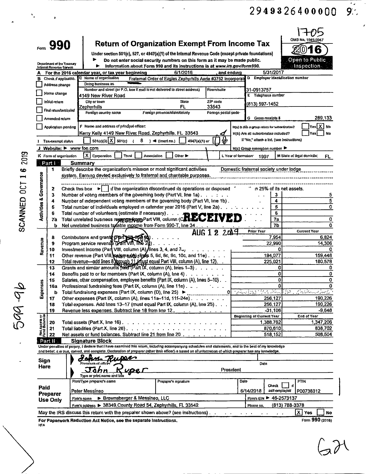 Image of first page of 2016 Form 990O for Fraternal Order of Eagles - 3752 Aerie