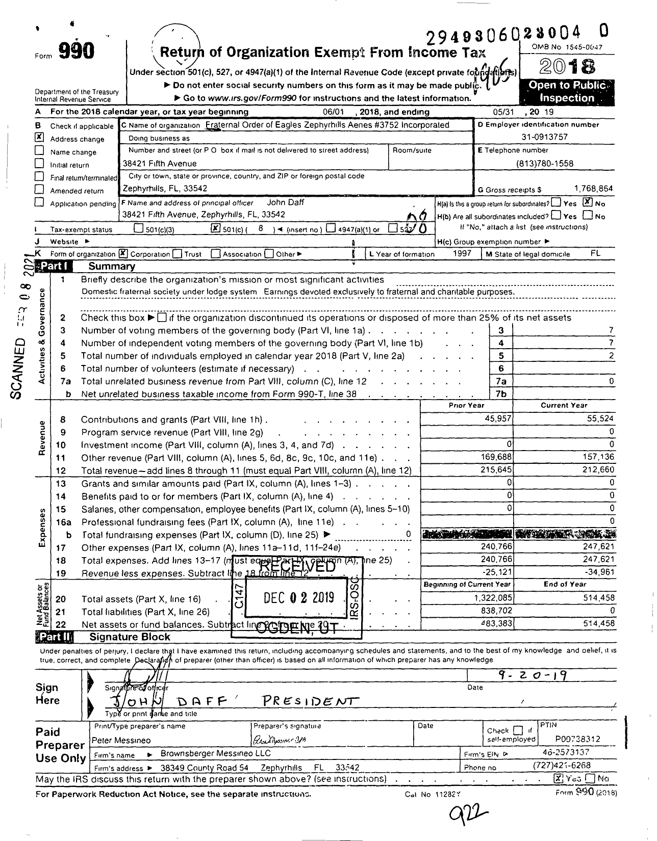 Image of first page of 2018 Form 990O for Fraternal Order of Eagles - 3752 Aerie