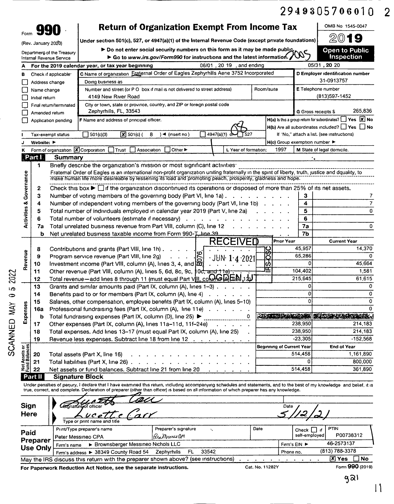 Image of first page of 2019 Form 990O for Fraternal Order of Eagles - 3752 Aerie