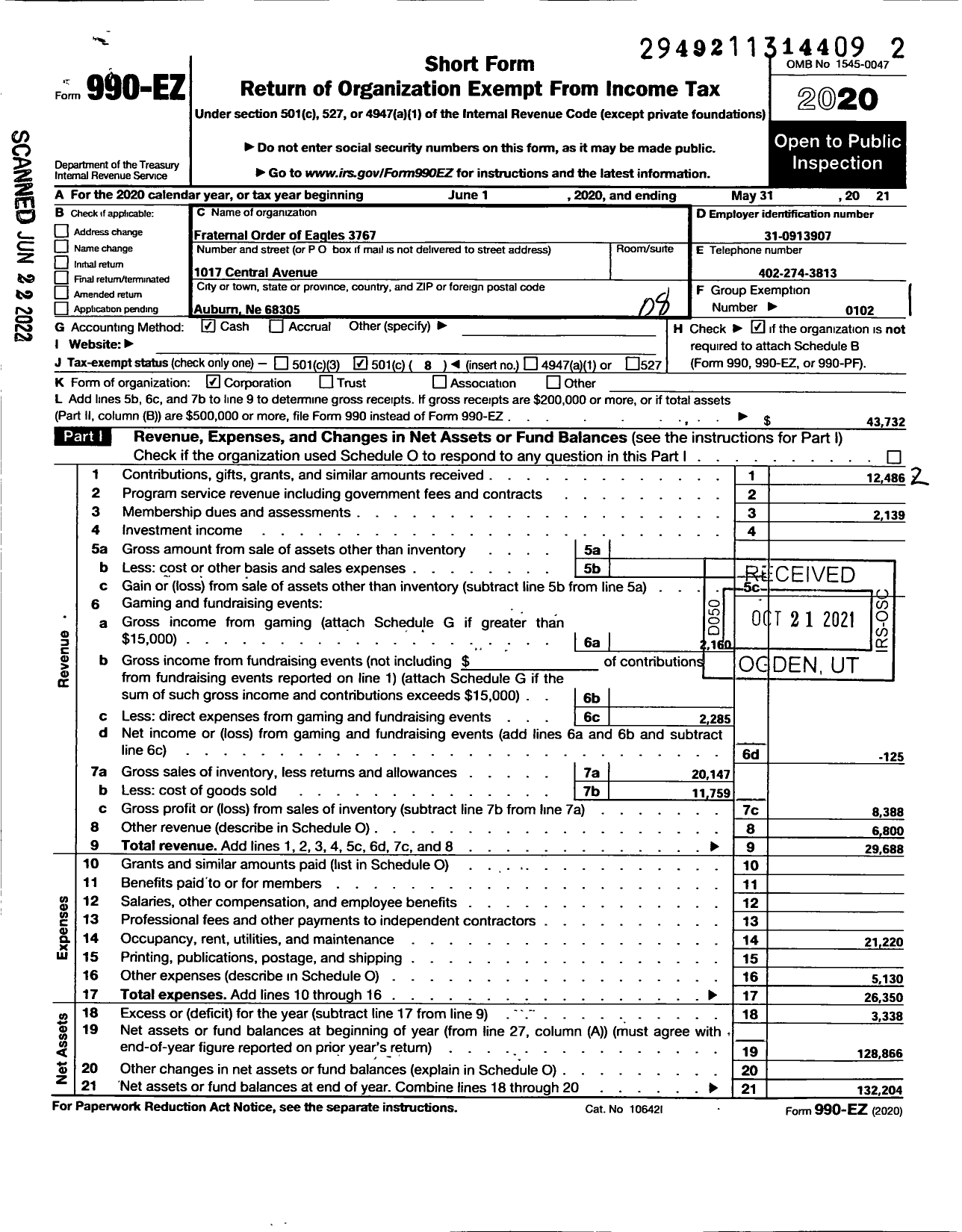 Image of first page of 2020 Form 990EO for Fraternal Order of Eagles - 3767 Aerie