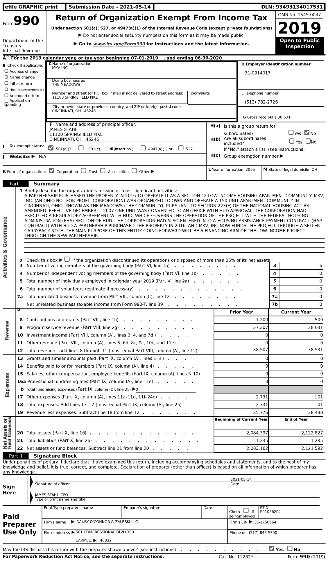 Image of first page of 2019 Form 990 for The Meadows / MKV Inc