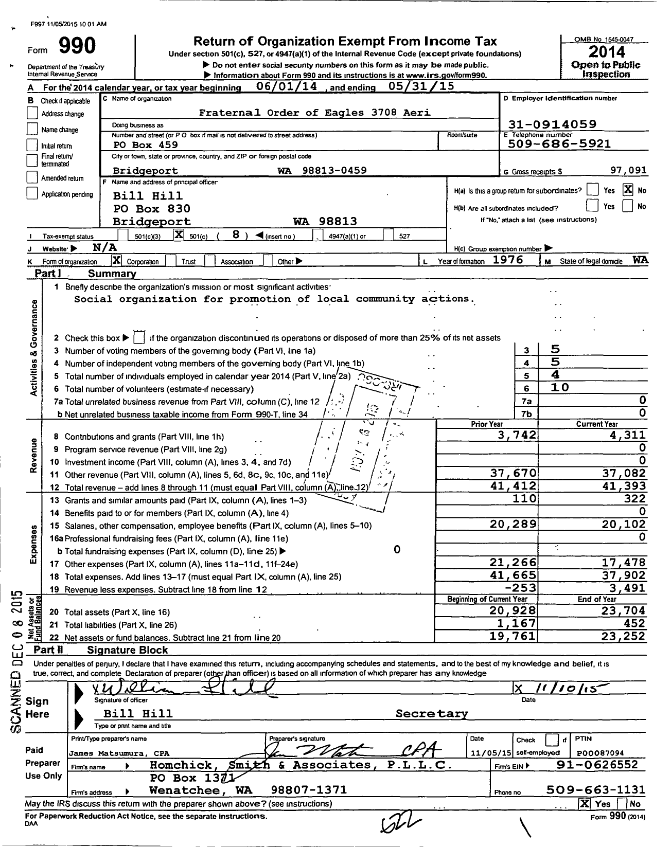 Image of first page of 2014 Form 990O for Fraternal Order of Eagles - 3708 Aerie