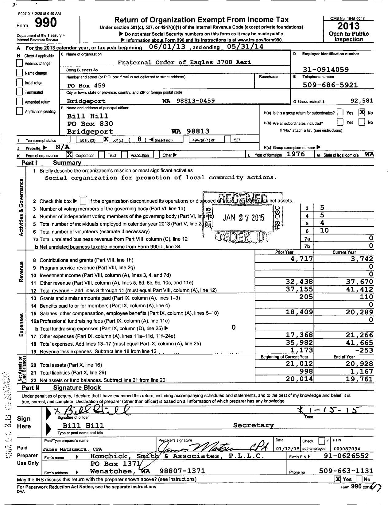 Image of first page of 2013 Form 990O for Fraternal Order of Eagles - 3708 Aerie