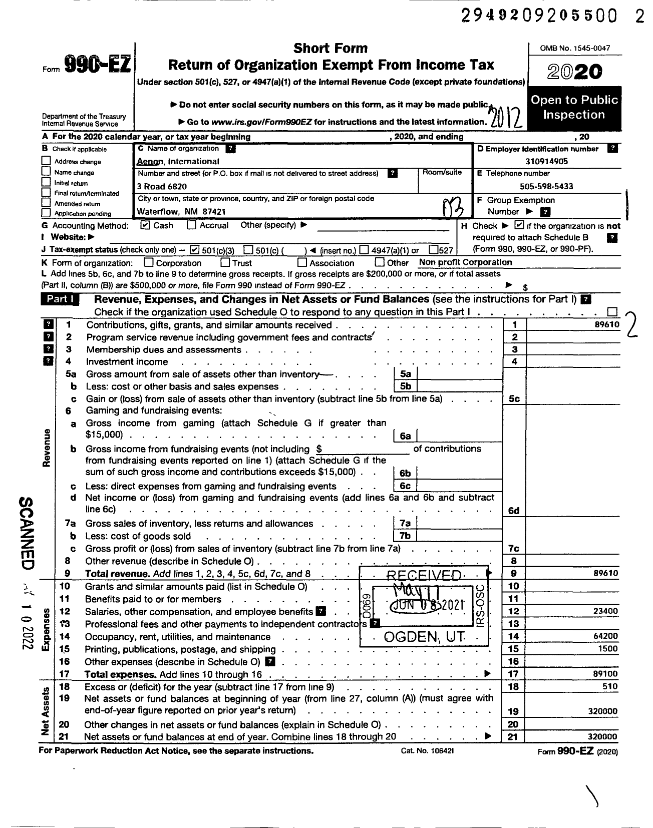 Image of first page of 2020 Form 990EZ for Aenon International