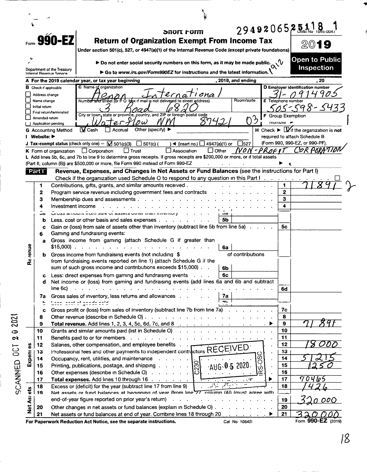 Image of first page of 2019 Form 990EZ for Aenon International