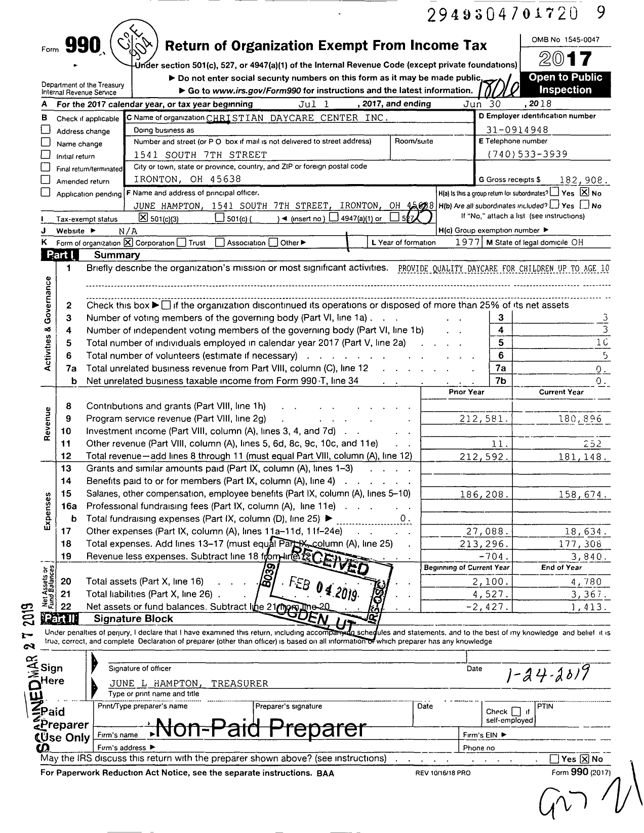 Image of first page of 2017 Form 990 for Christian Daycare Center