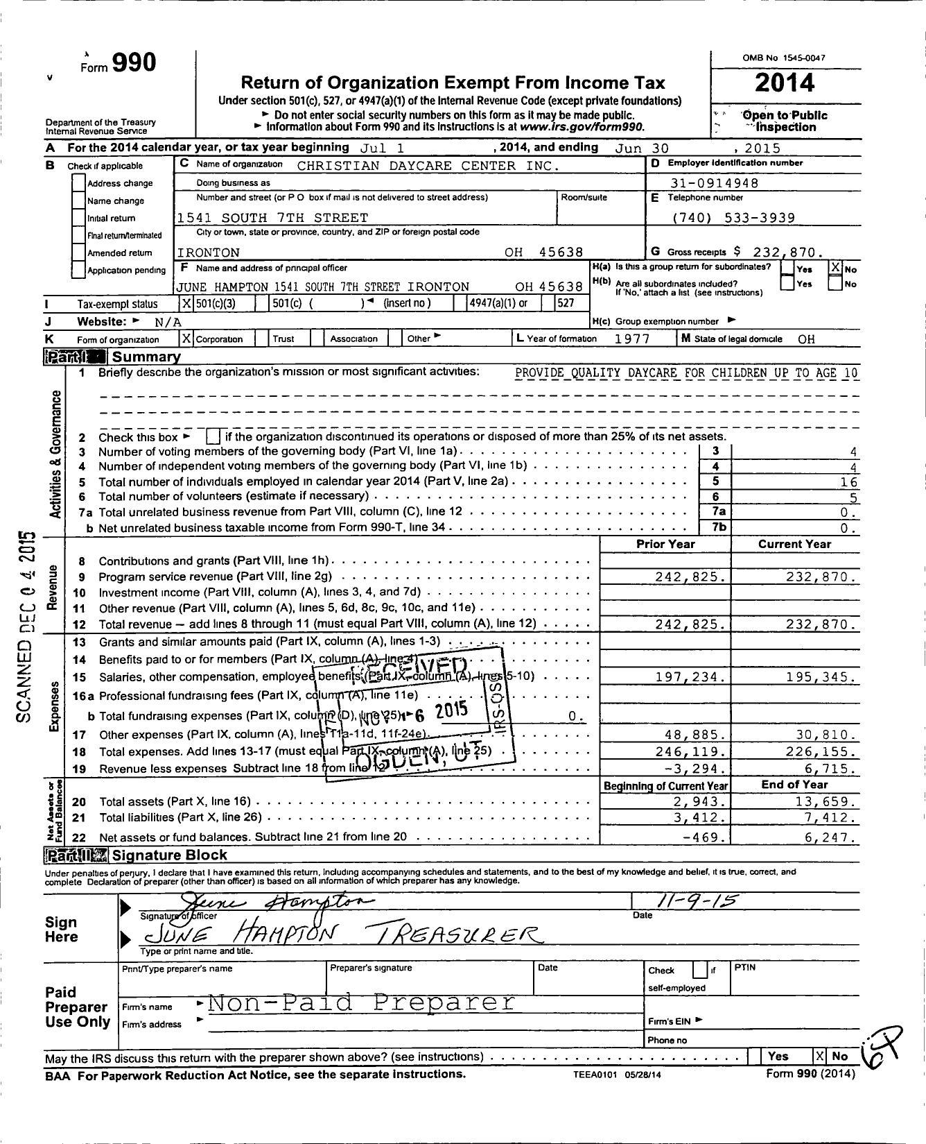 Image of first page of 2014 Form 990 for Christian Daycare Center