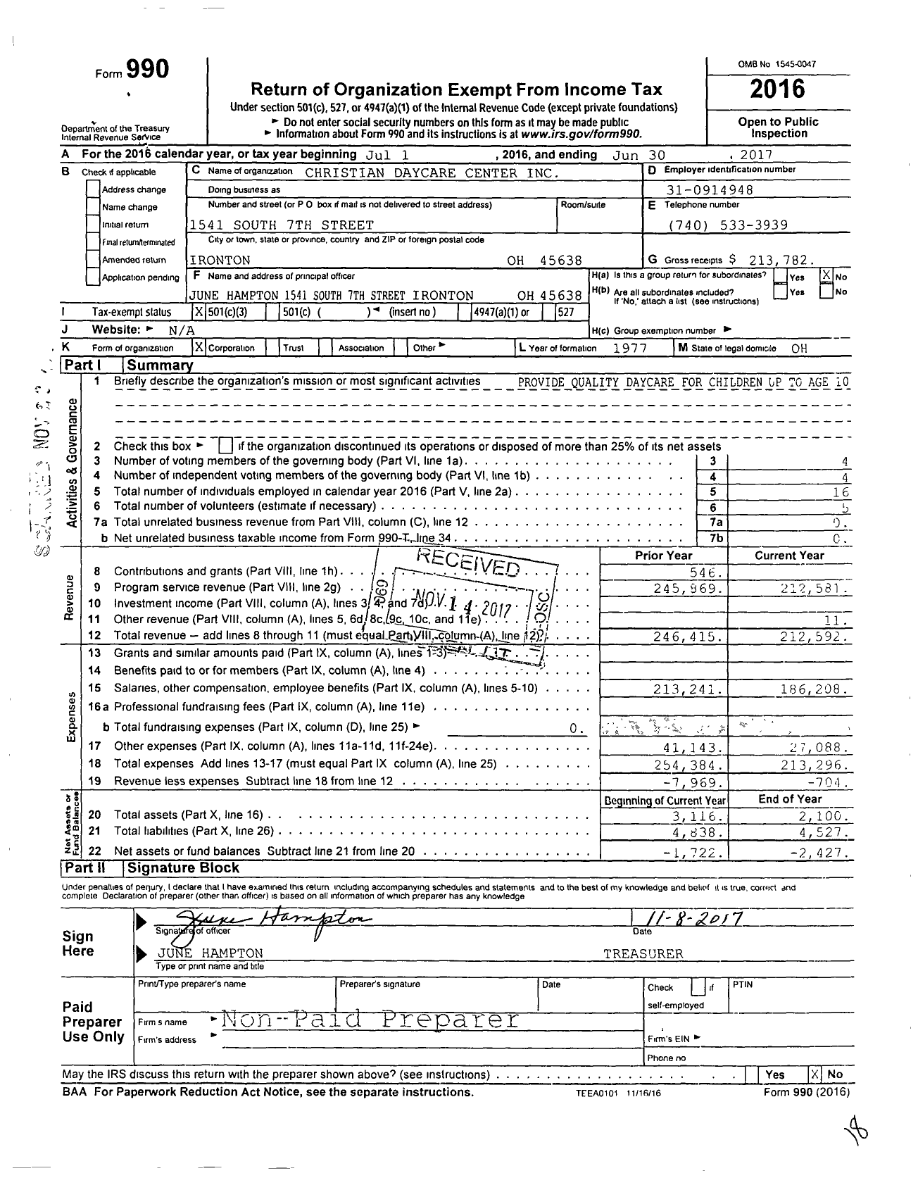 Image of first page of 2016 Form 990 for Christian Daycare Center