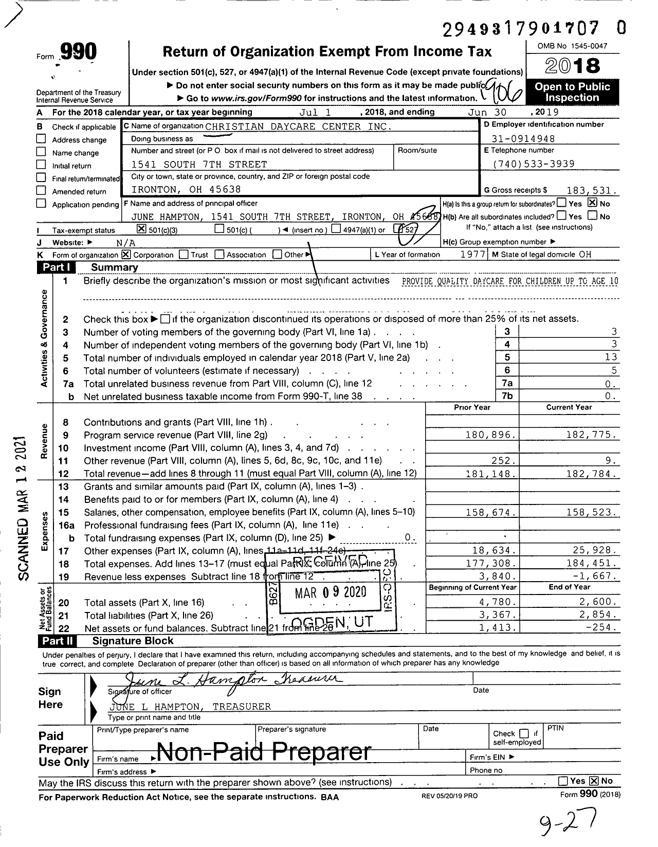 Image of first page of 2018 Form 990 for Christian Daycare Center