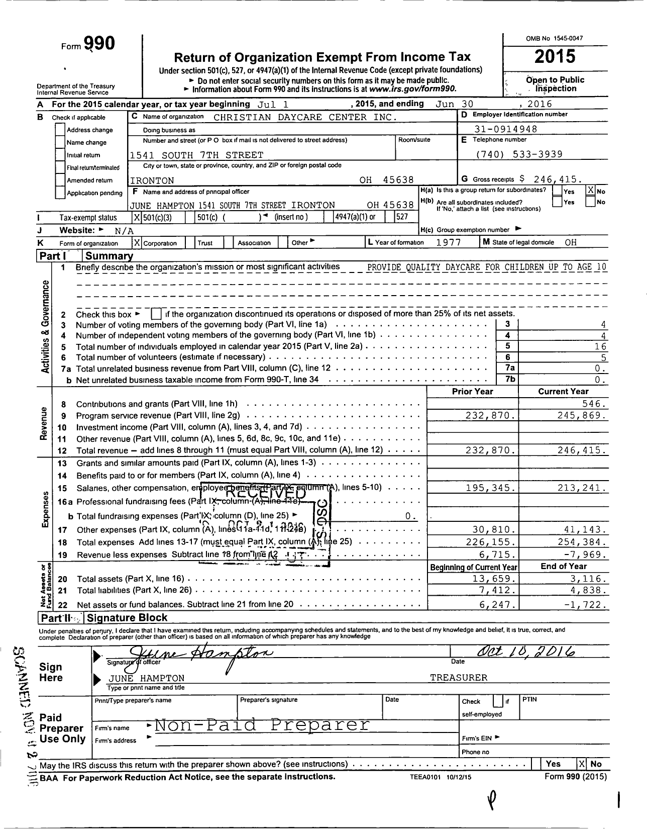 Image of first page of 2015 Form 990 for Christian Daycare Center