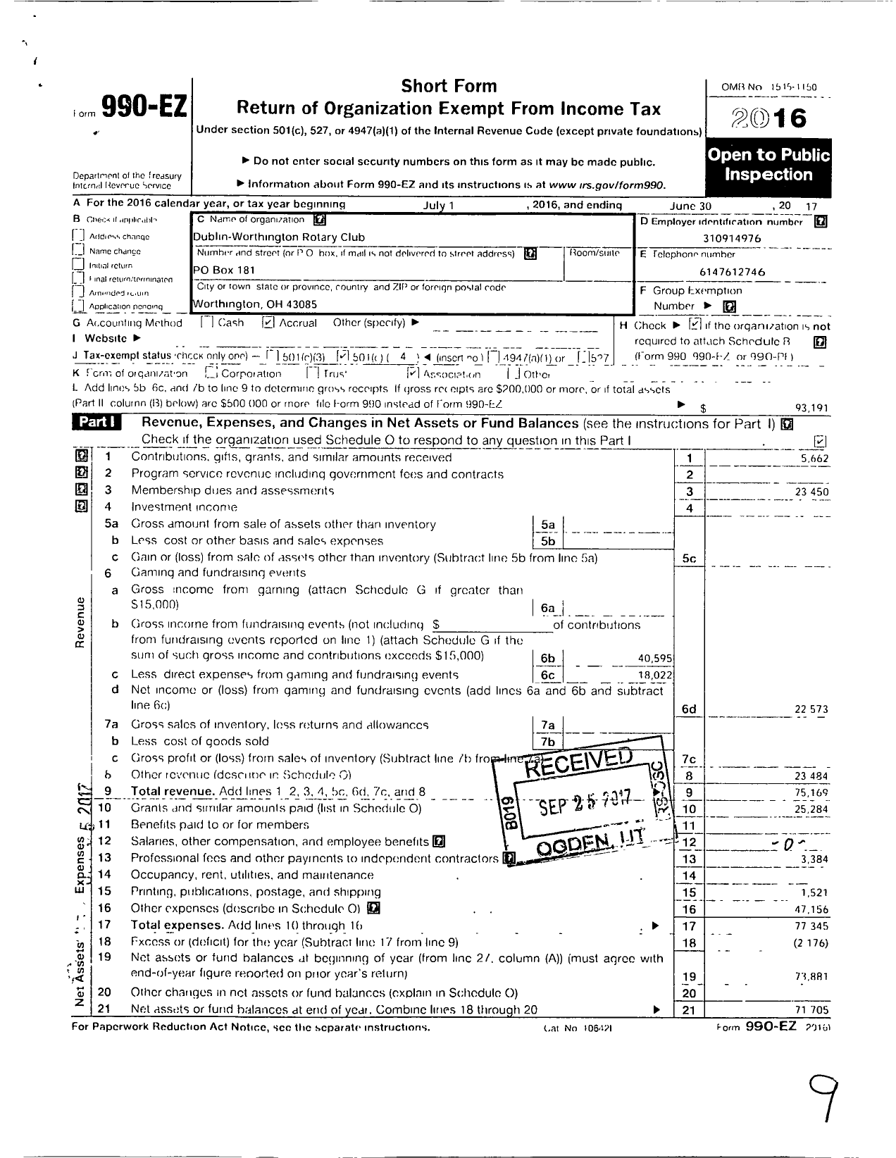 Image of first page of 2016 Form 990EO for ROTARY INTERNATIONAL - Dublin-Worthington ROTARY Club