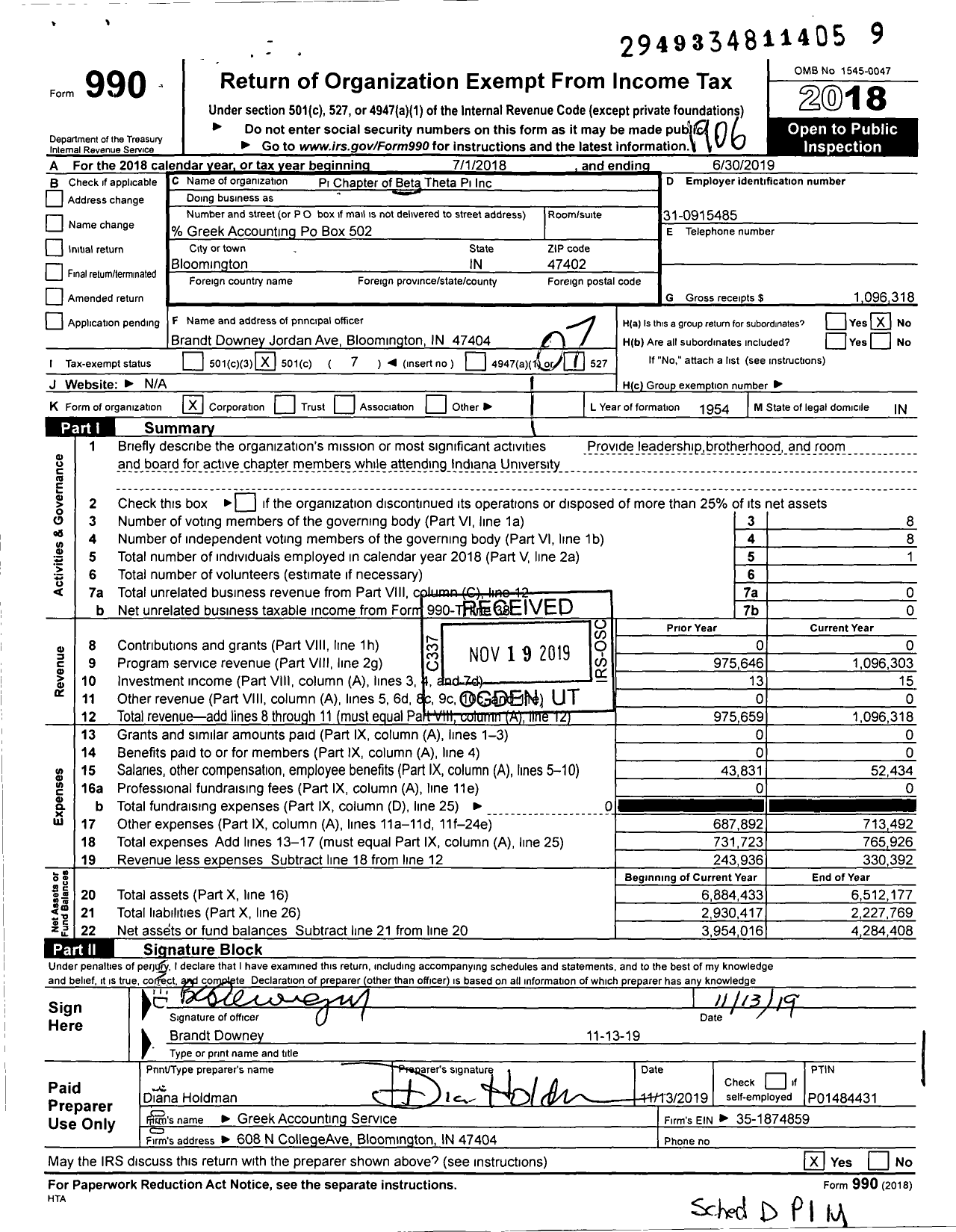 Image of first page of 2018 Form 990O for Pi Chapter of Beta Theta Pi