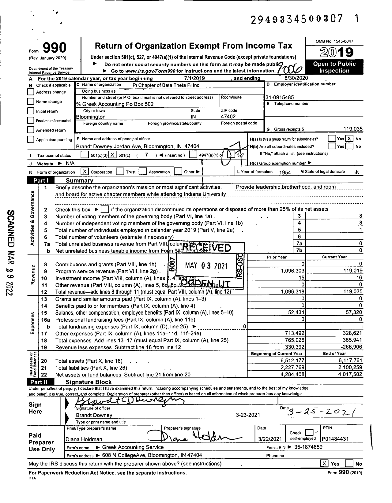 Image of first page of 2019 Form 990O for Pi Chapter of Beta Theta Pi