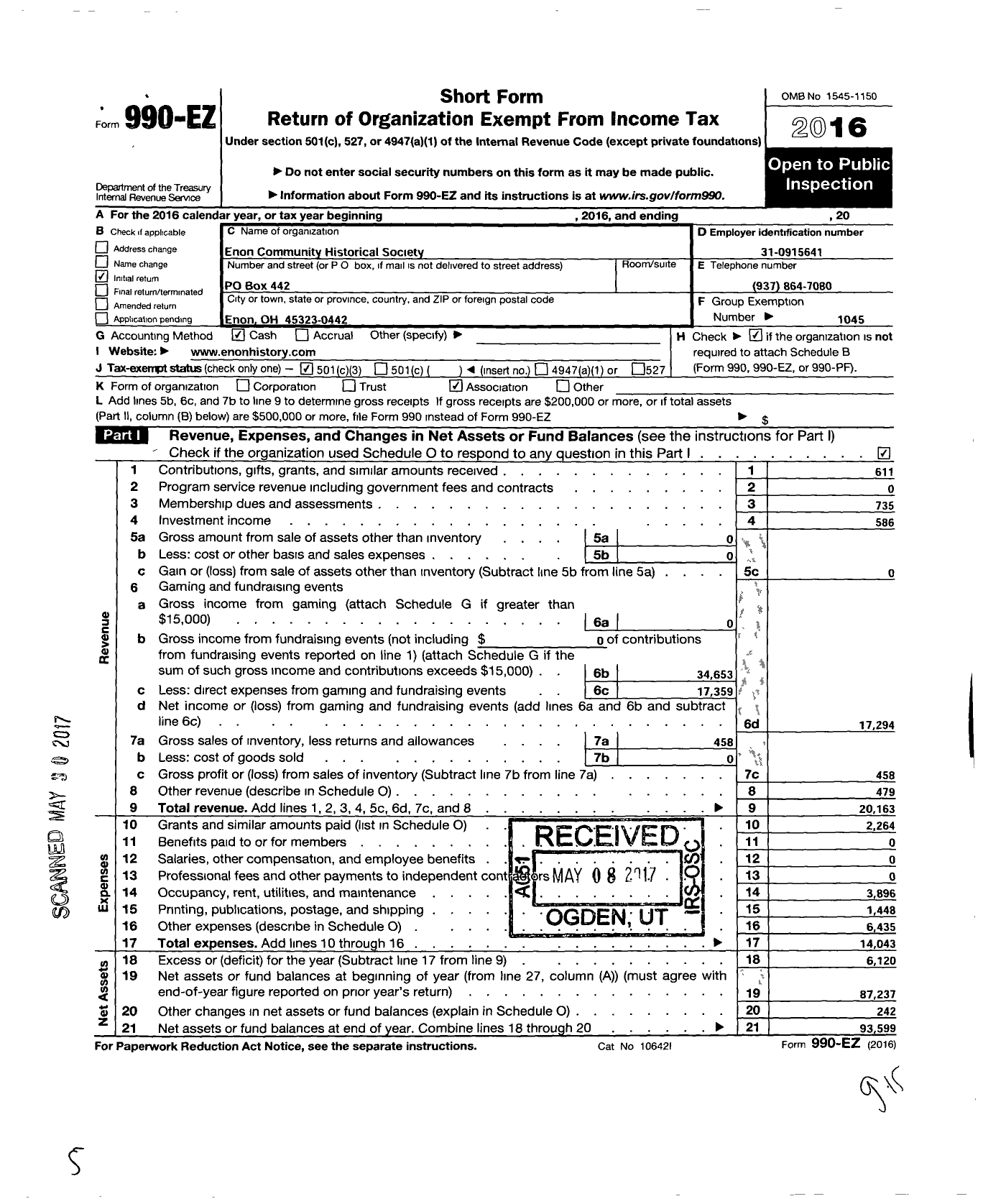 Image of first page of 2016 Form 990EZ for Enon Community Historical Society