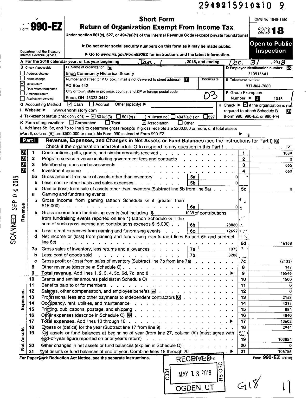 Image of first page of 2018 Form 990EZ for Enon Community Historical Society