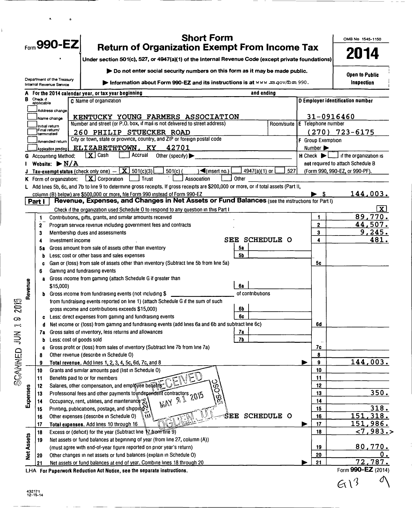 Image of first page of 2014 Form 990EZ for Kentucky Young Farmers Association Agribusiness Education Bureau