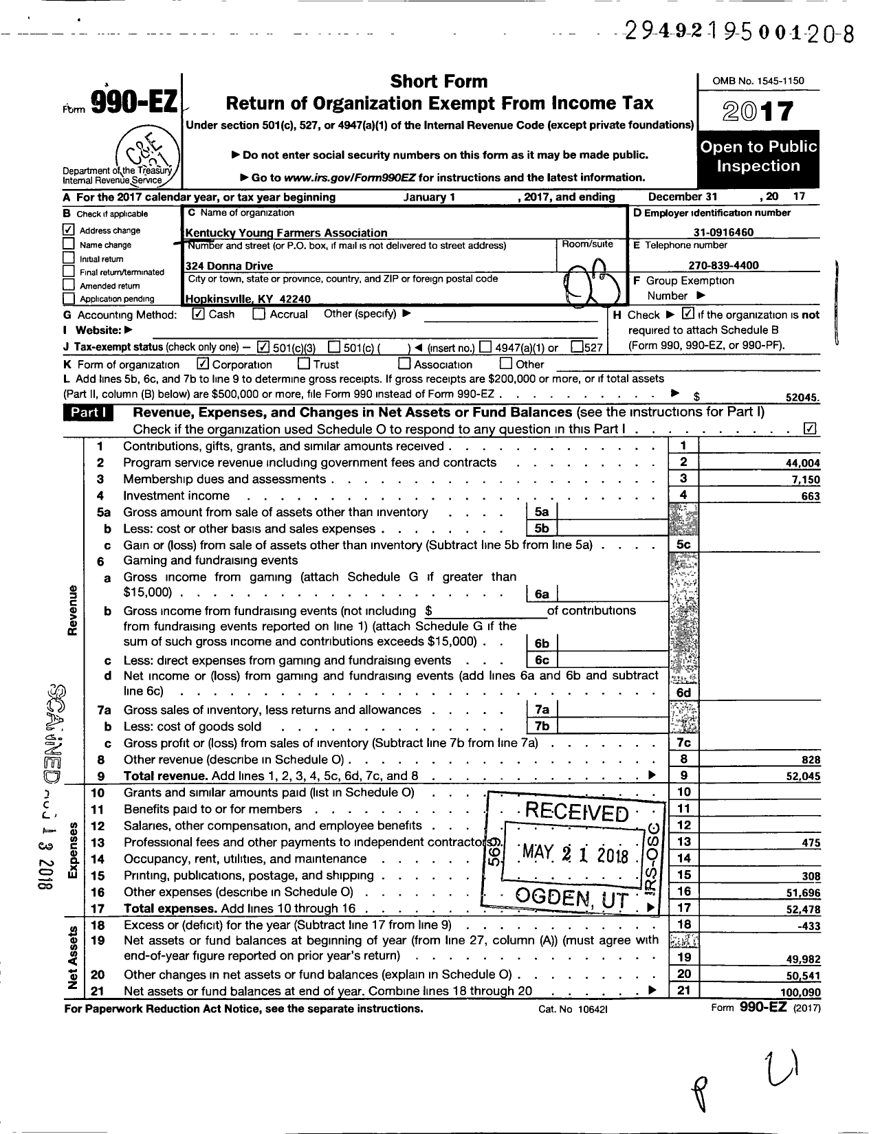 Image of first page of 2017 Form 990EZ for Kentucky Young Farmers Association Agribusiness Education Bureau